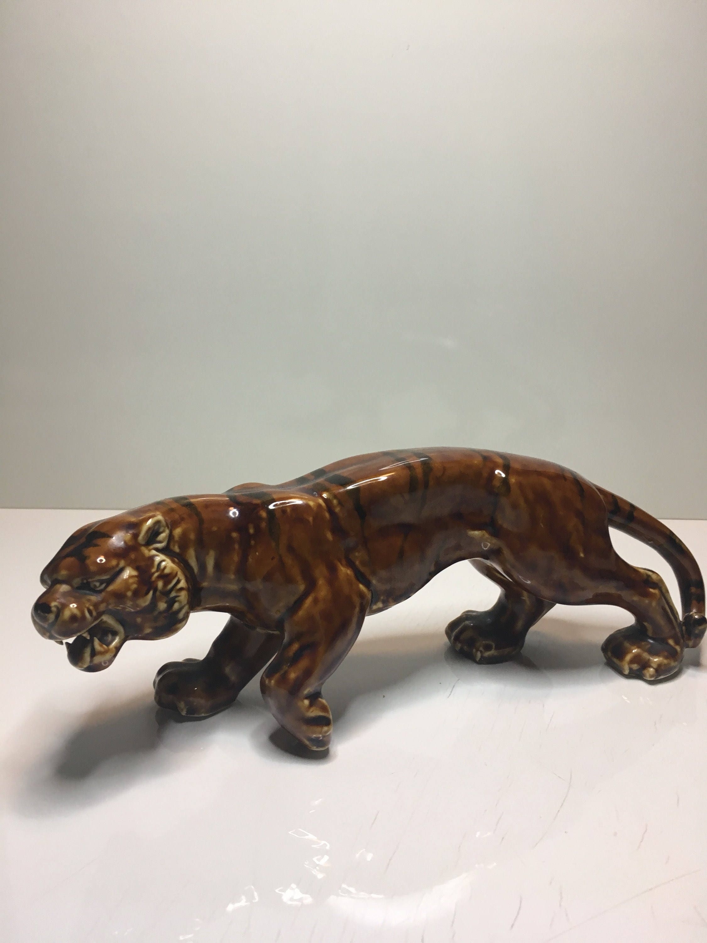 Vintage Porcelain Tiger | 1930s Italian Hand-Painted Sculpture, Gloss Finish Animal Figurine — photo 4 of 6