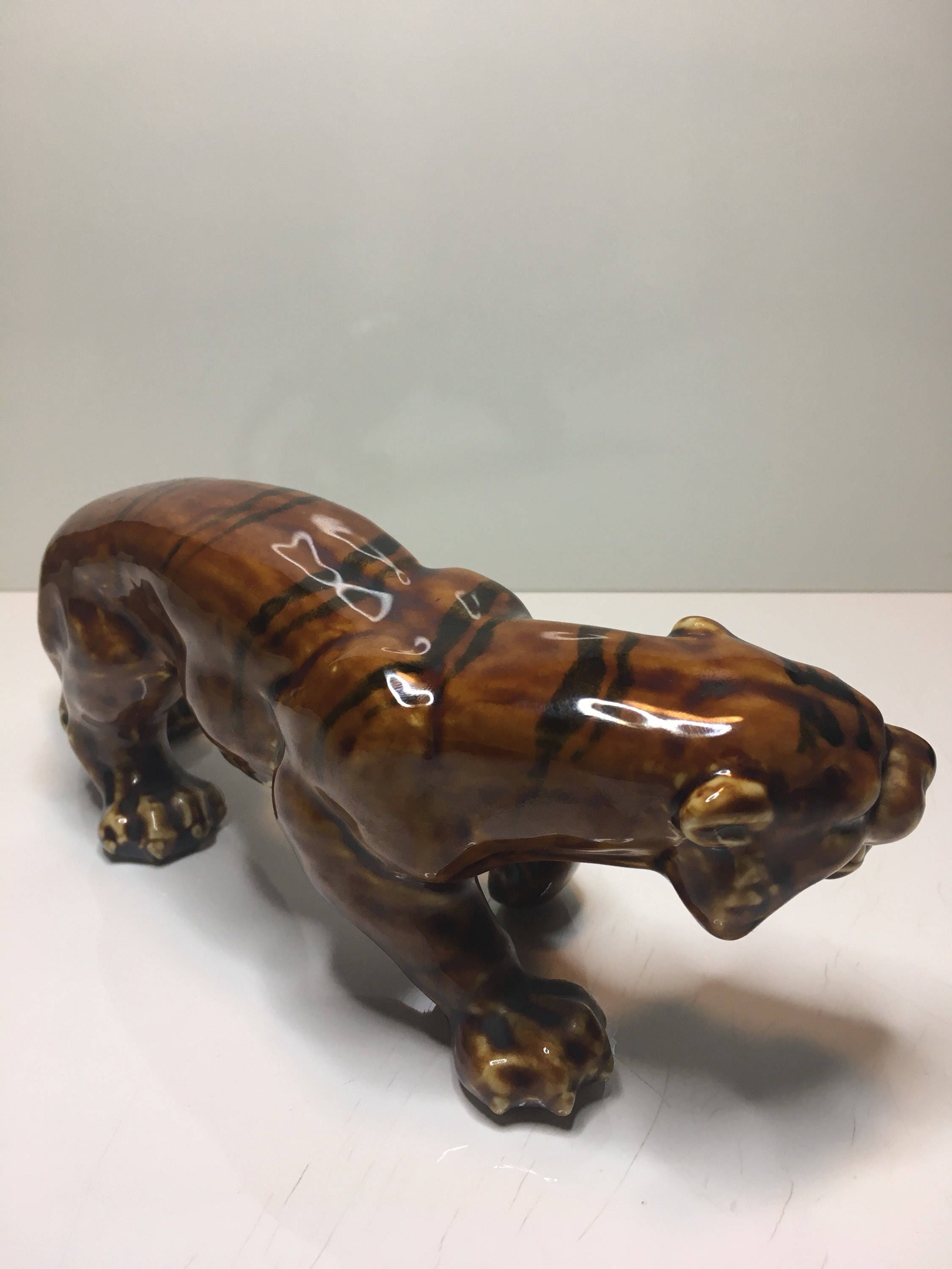 Vintage Porcelain Tiger | 1930s Italian Hand-Painted Sculpture, Gloss Finish Animal Figurine — photo 6 of 6