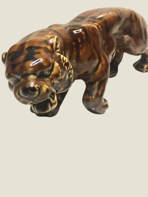 Vintage Porcelain Tiger | 1930s Italian Hand-Painted Sculpture, Gloss Finish Animal Figurine