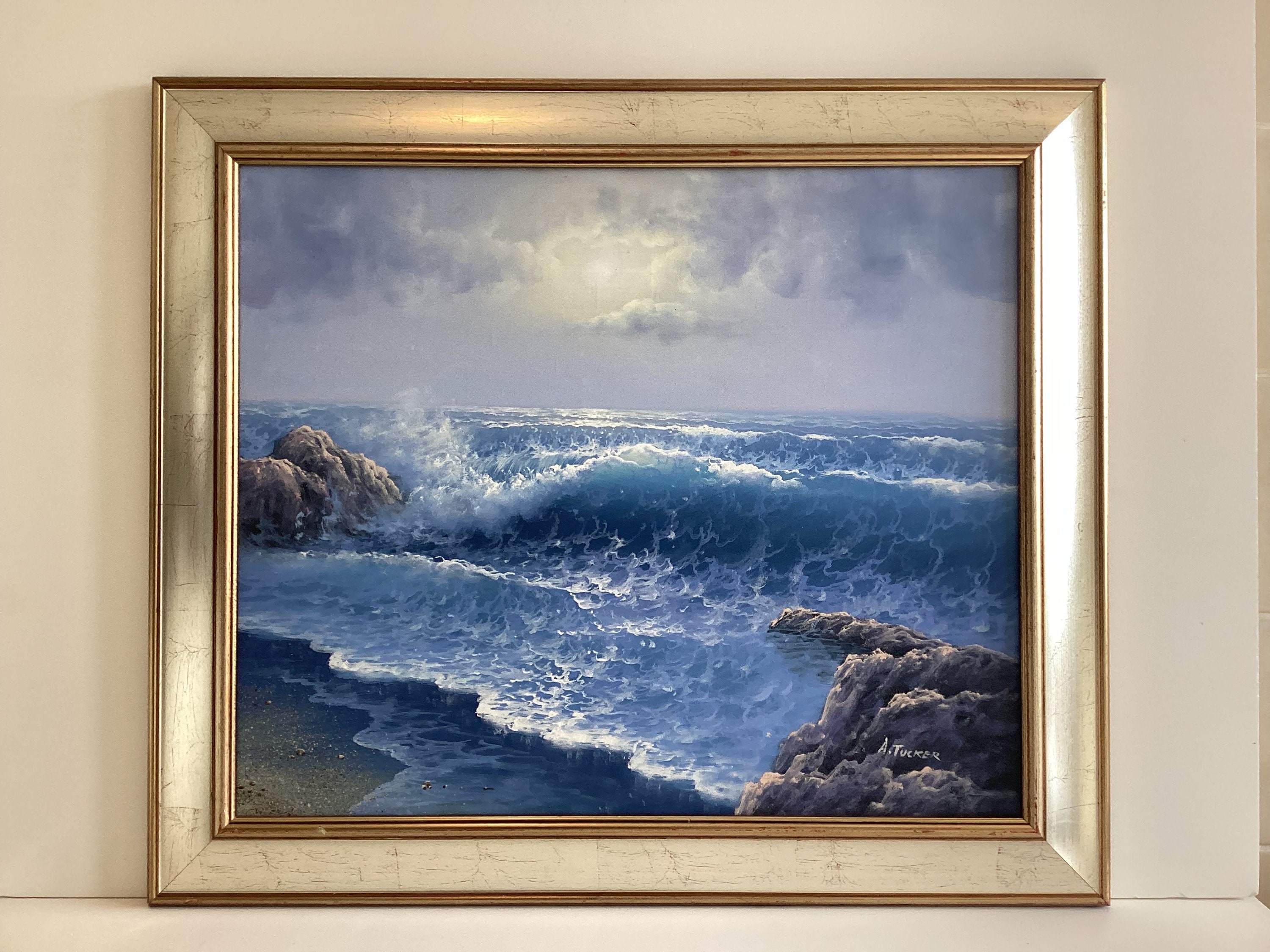 Vintage Seascape Painting | A. Tucker Signed Oil on Canvas, 1960s Marine Art — photo 2 of 9