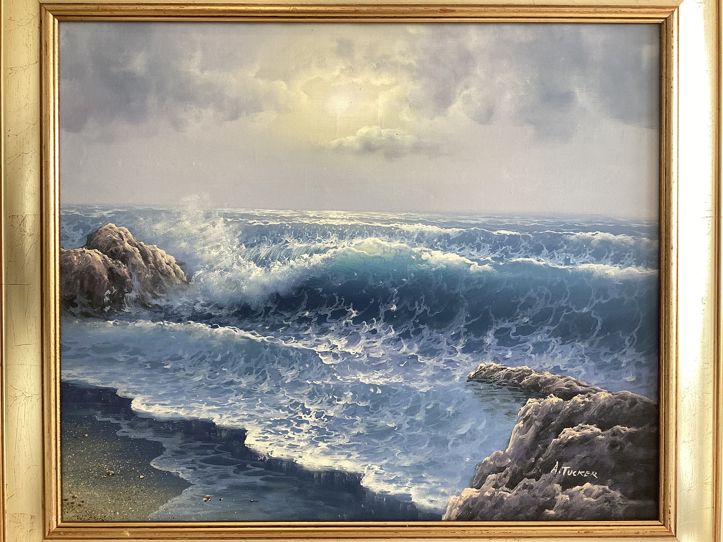 Vintage Seascape Painting | A. Tucker Signed Oil on Canvas, 1960s Marine Art — photo 3 of 9