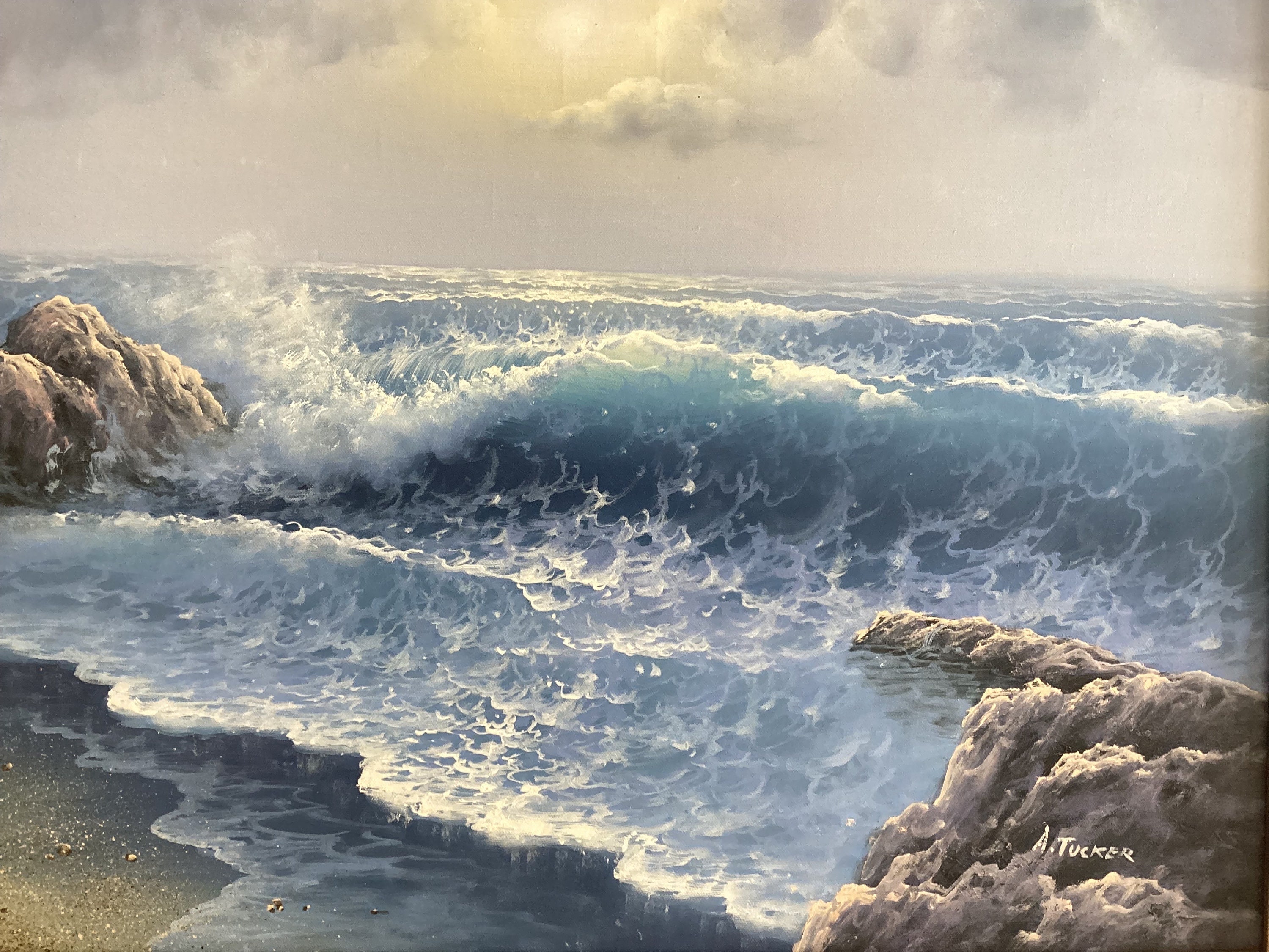 Vintage Seascape Painting | A. Tucker Signed Oil on Canvas, 1960s Marine Art — photo 4 of 9