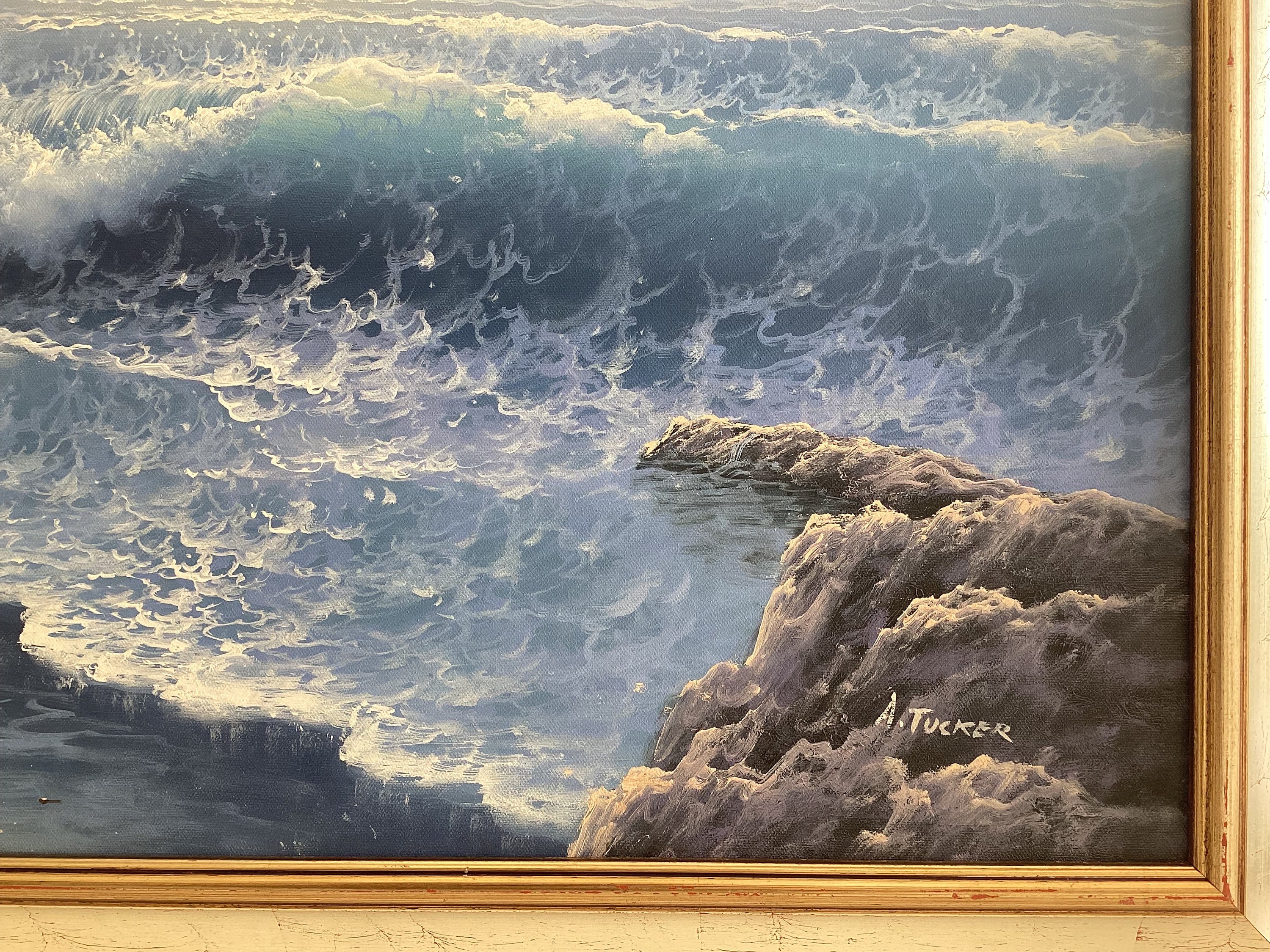 Vintage Seascape Painting | A. Tucker Signed Oil on Canvas, 1960s Marine Art — photo 8 of 9