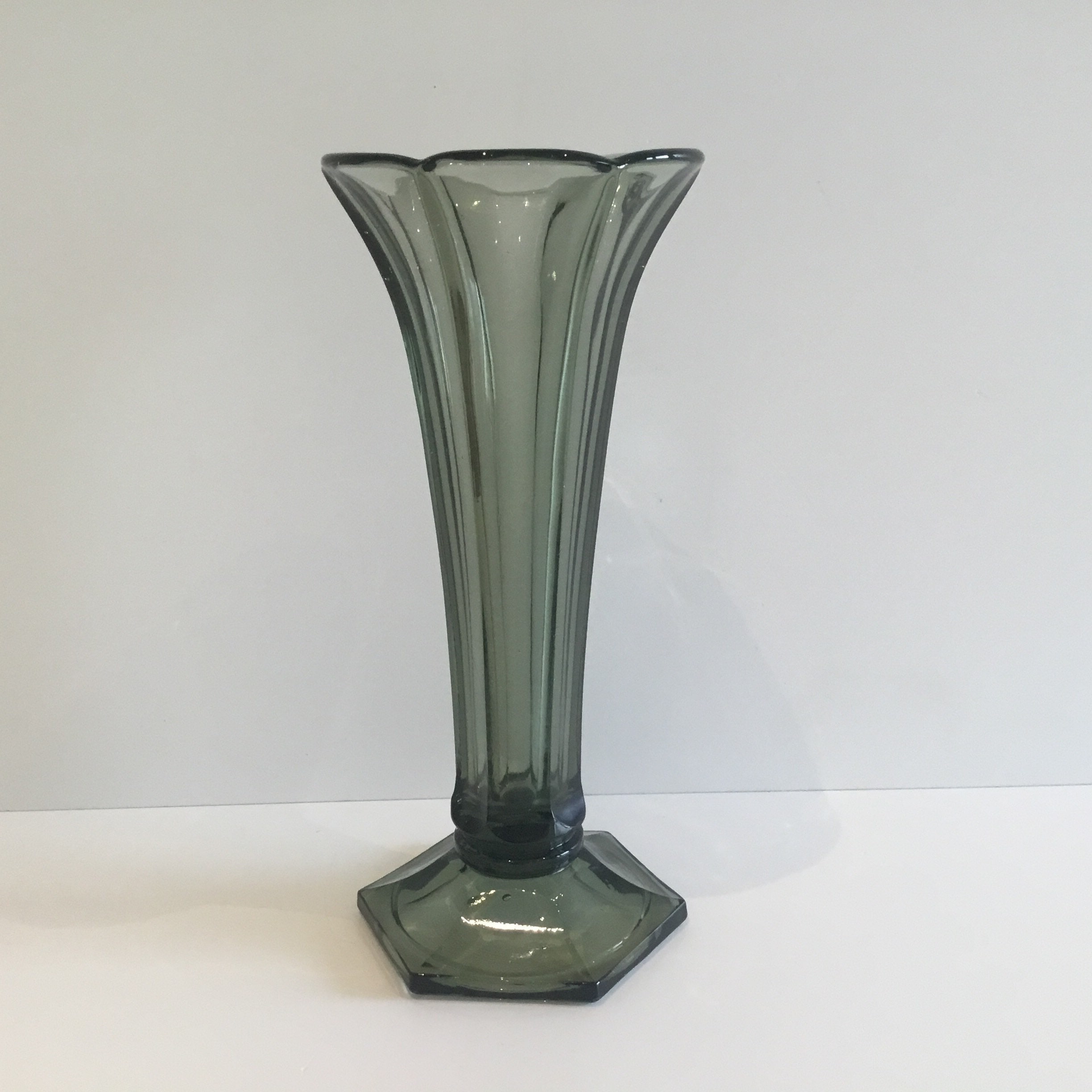 Vintage Art Deco Vase | Val Saint Lambert 1930s Belgium, Grey Green Signed Crystal — photo 2 of 6