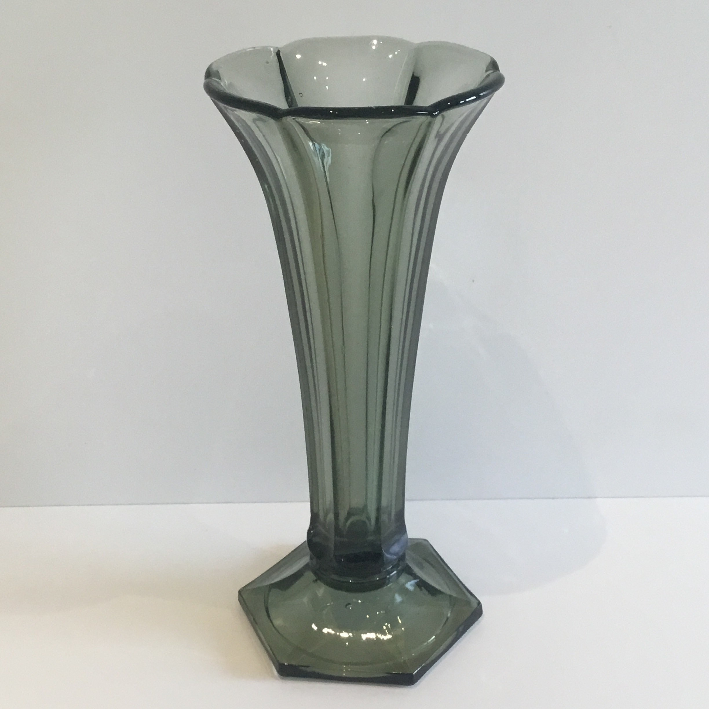 Vintage Art Deco Vase | Val Saint Lambert 1930s Belgium, Grey Green Signed Crystal — photo 3 of 6