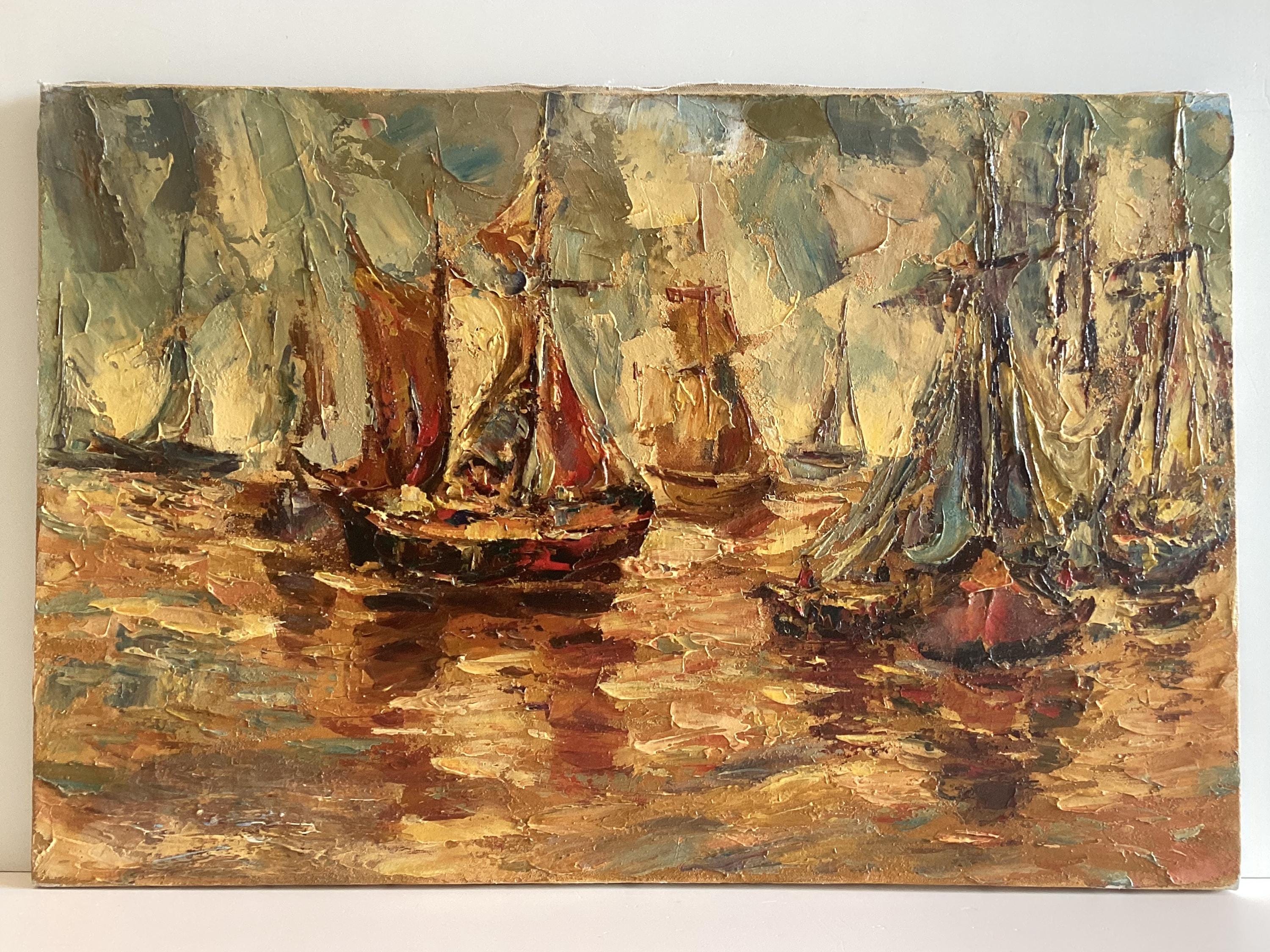 Vintage Oil Painting | 1930s Seascape with Sailing Boats, Palette Knife Textured Art — photo 2 of 9