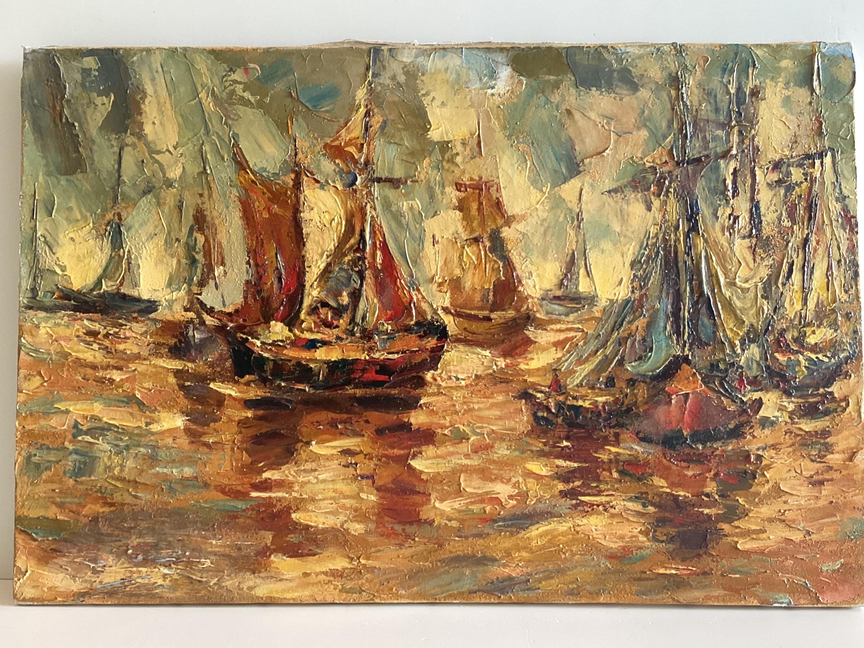 Vintage Oil Painting | 1930s Seascape with Sailing Boats, Palette Knife Textured Art — photo 3 of 9