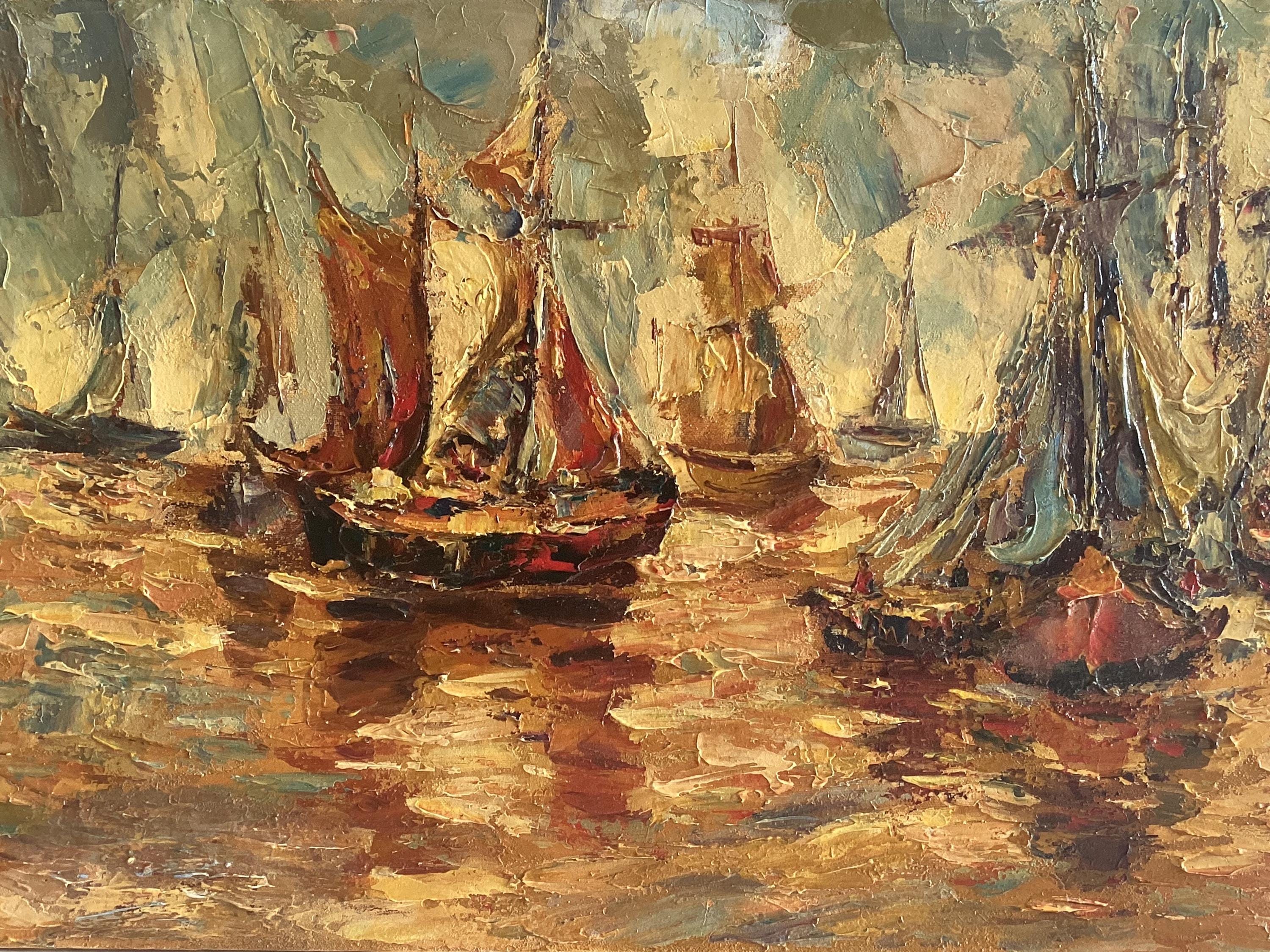 Vintage Oil Painting | 1930s Seascape with Sailing Boats, Palette Knife Textured Art — photo 4 of 9