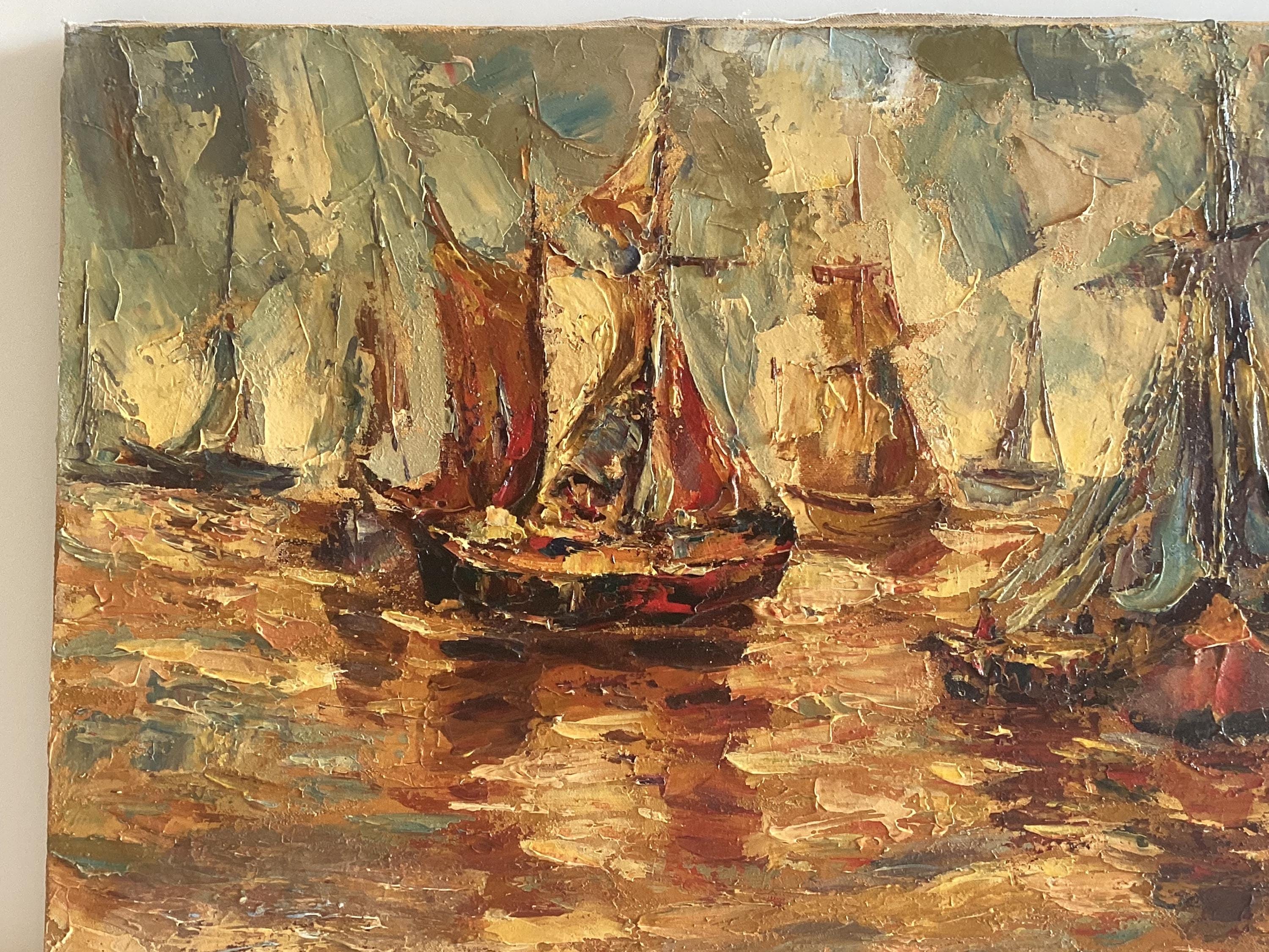 Vintage Oil Painting | 1930s Seascape with Sailing Boats, Palette Knife Textured Art — photo 5 of 9