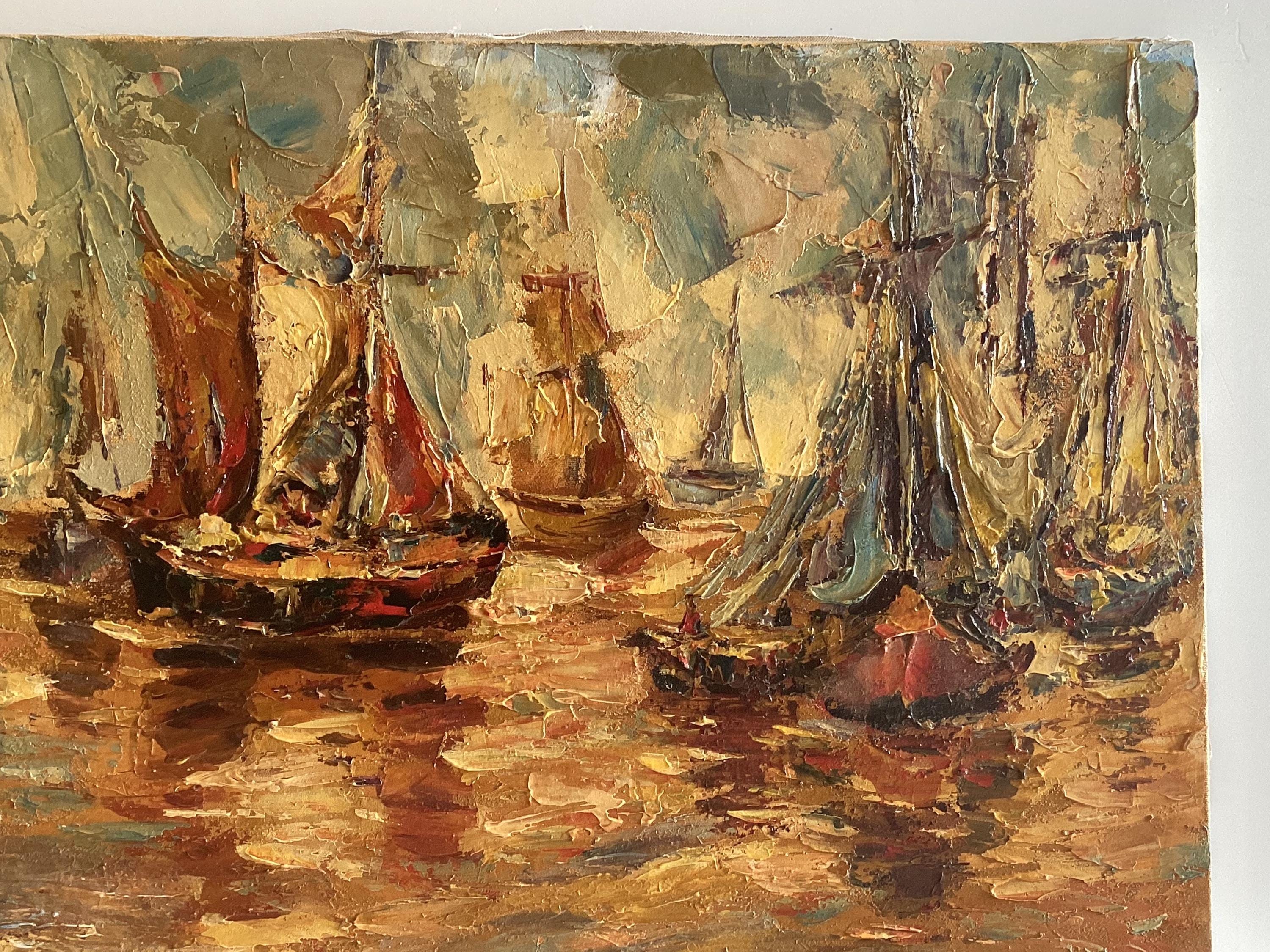 Vintage Oil Painting | 1930s Seascape with Sailing Boats, Palette Knife Textured Art — photo 6 of 9