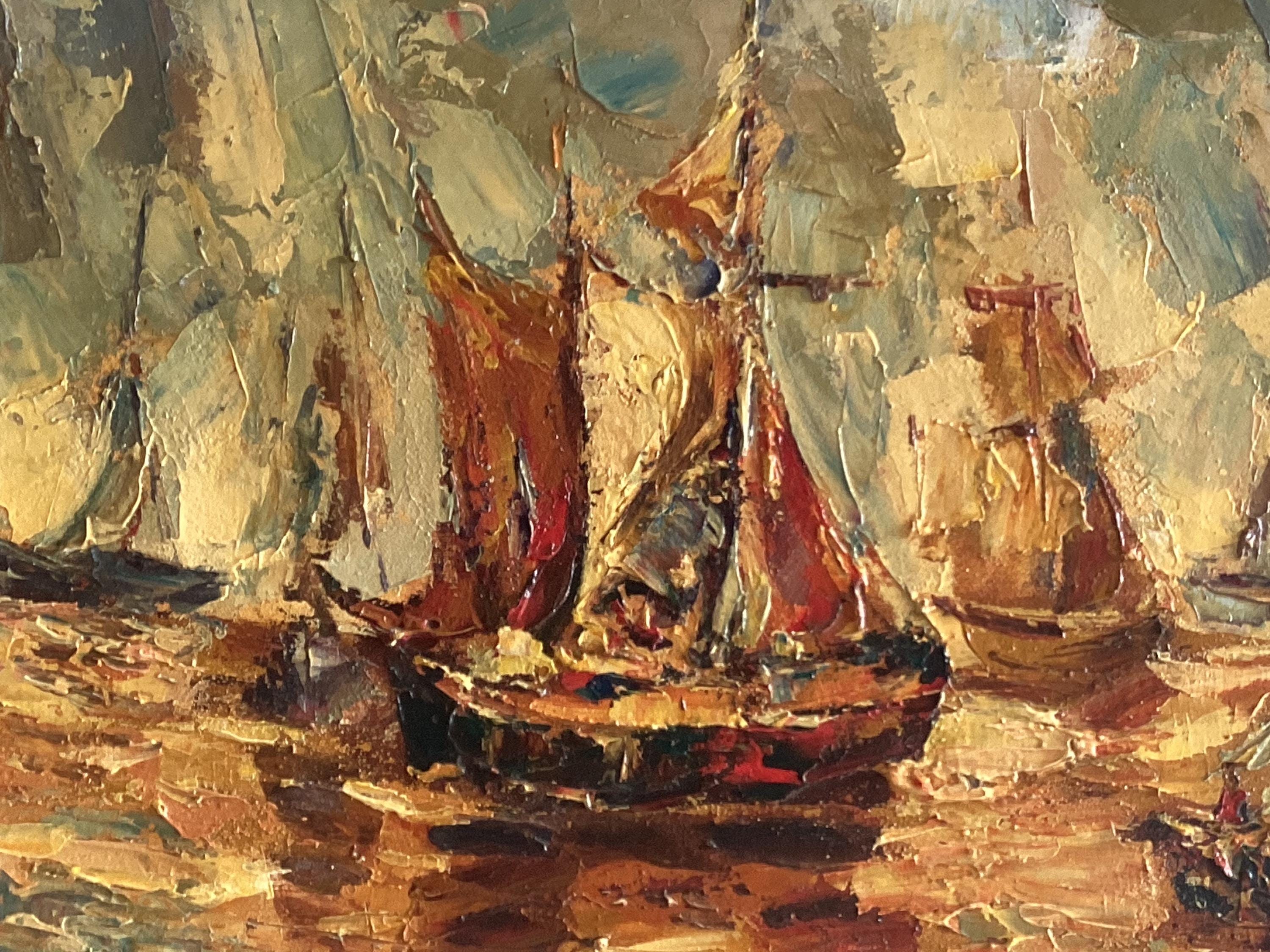 Vintage Oil Painting | 1930s Seascape with Sailing Boats, Palette Knife Textured Art — photo 7 of 9