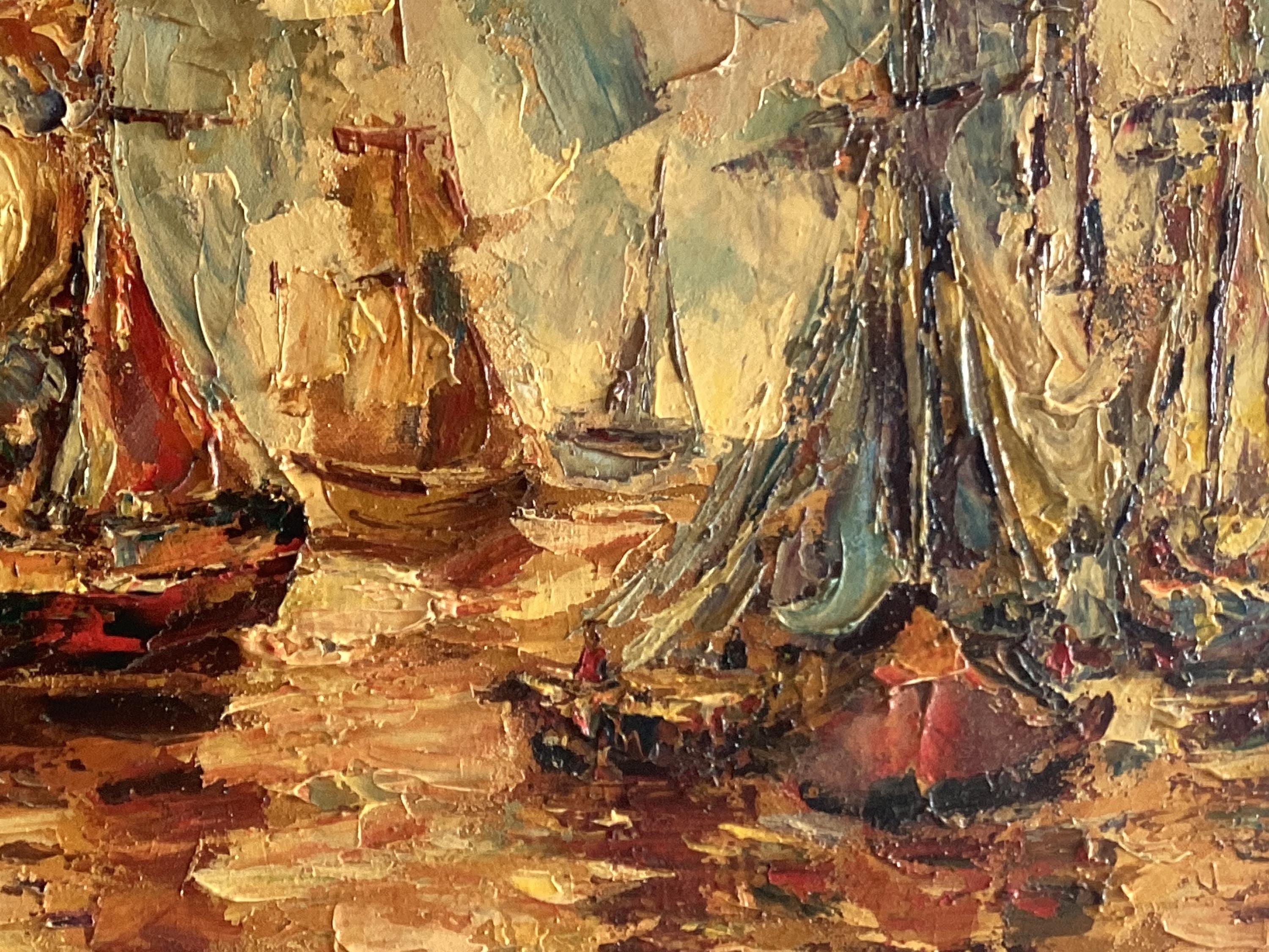 Vintage Oil Painting | 1930s Seascape with Sailing Boats, Palette Knife Textured Art — photo 8 of 9