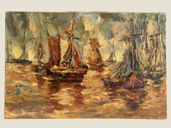 Vintage Oil Painting | 1930s Seascape with Sailing Boats, Palette Knife Textured Art