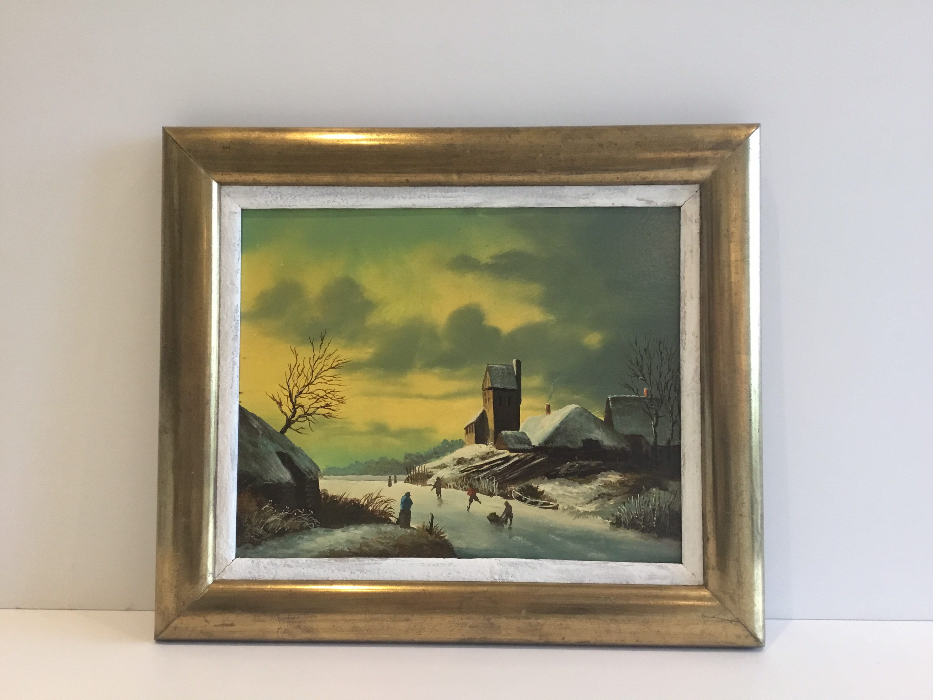 Antique Dutch Painting | 1800s Winter Landscape with Skaters, Oil on Wood Gold Leaf Frame — photo 2 of 11