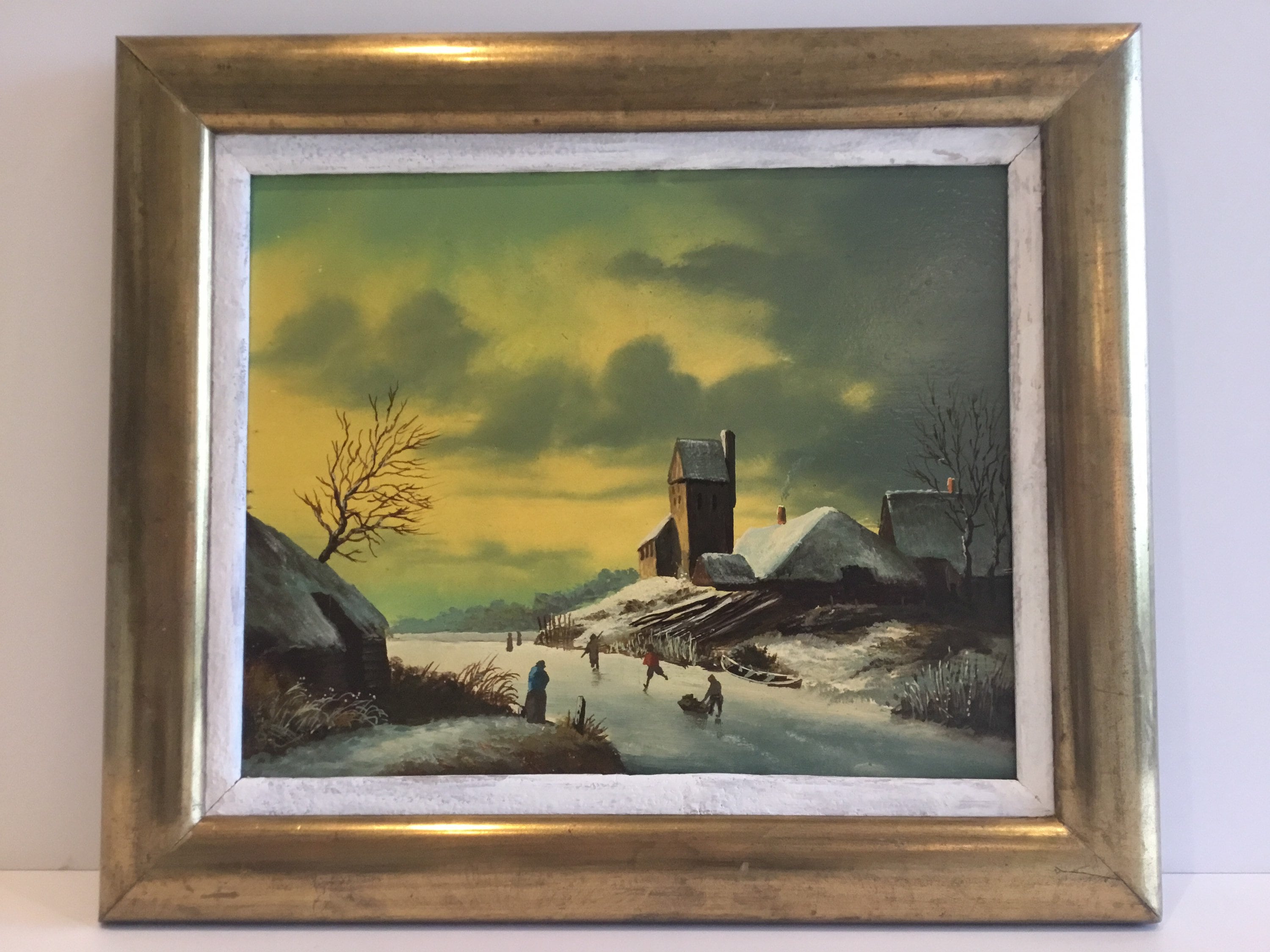 Antique Dutch Painting | 1800s Winter Landscape with Skaters, Oil on Wood Gold Leaf Frame — photo 3 of 11