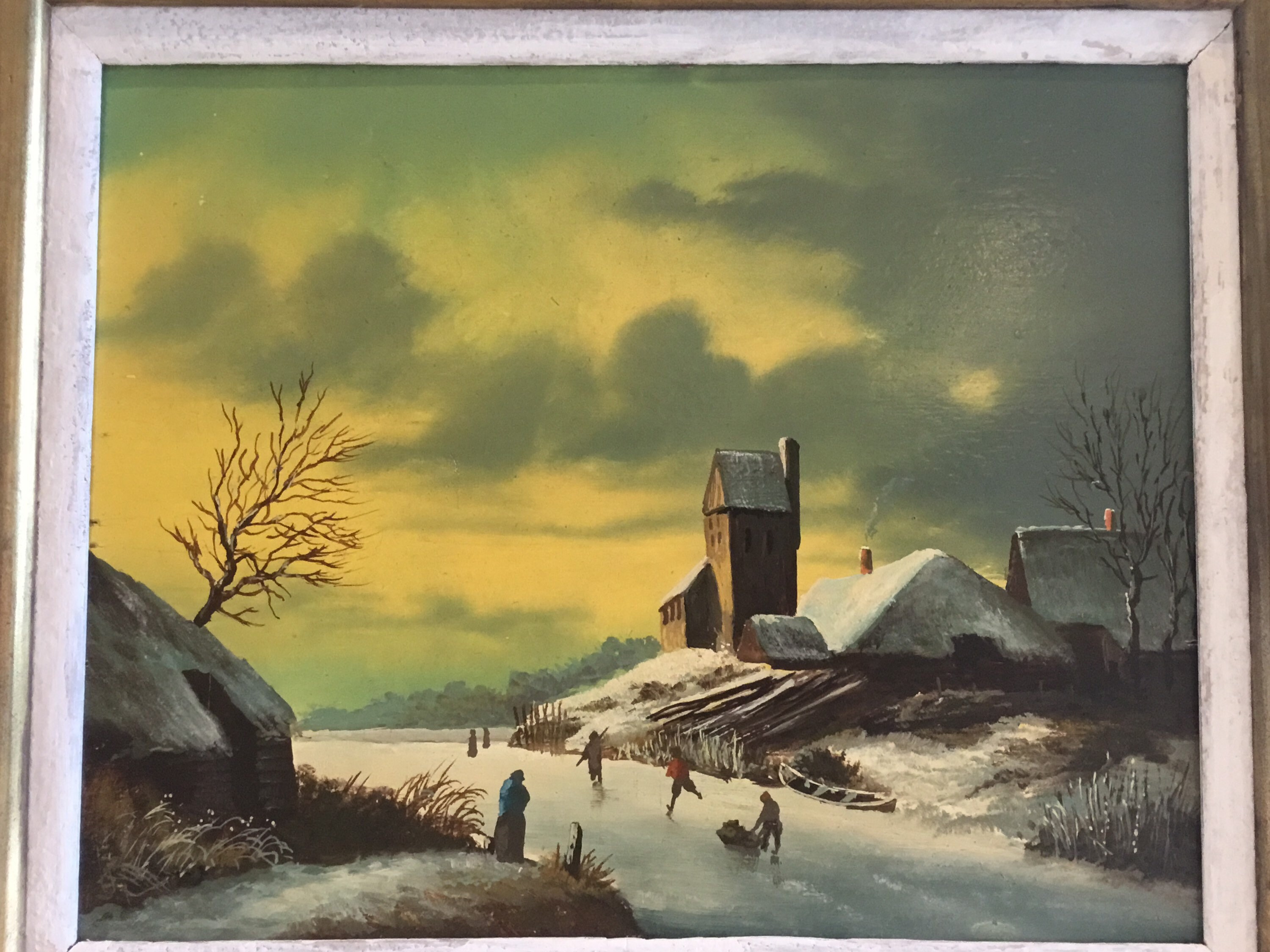 Antique Dutch Painting | 1800s Winter Landscape with Skaters, Oil on Wood Gold Leaf Frame — photo 4 of 11