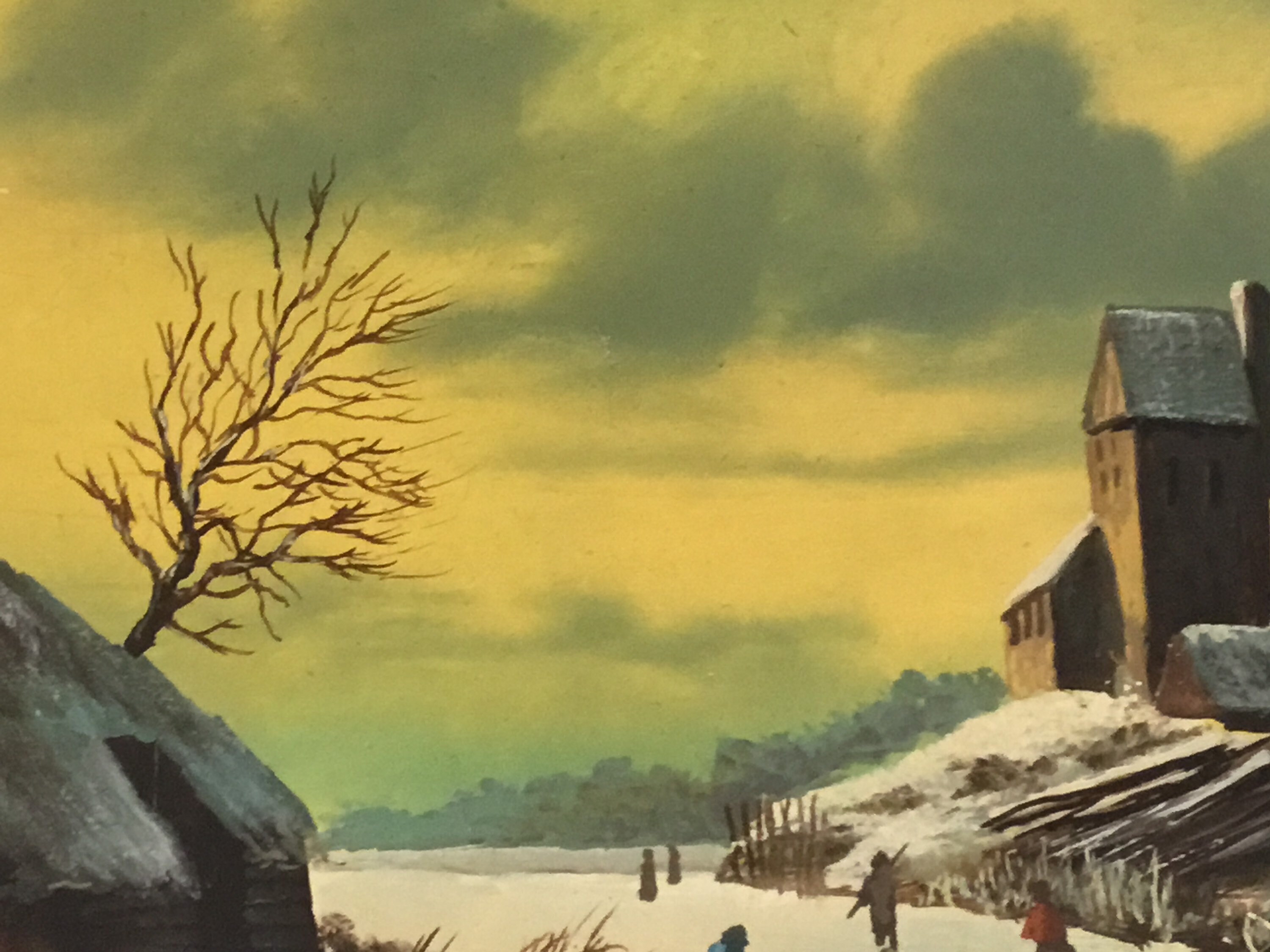 Antique Dutch Painting | 1800s Winter Landscape with Skaters, Oil on Wood Gold Leaf Frame — photo 5 of 11