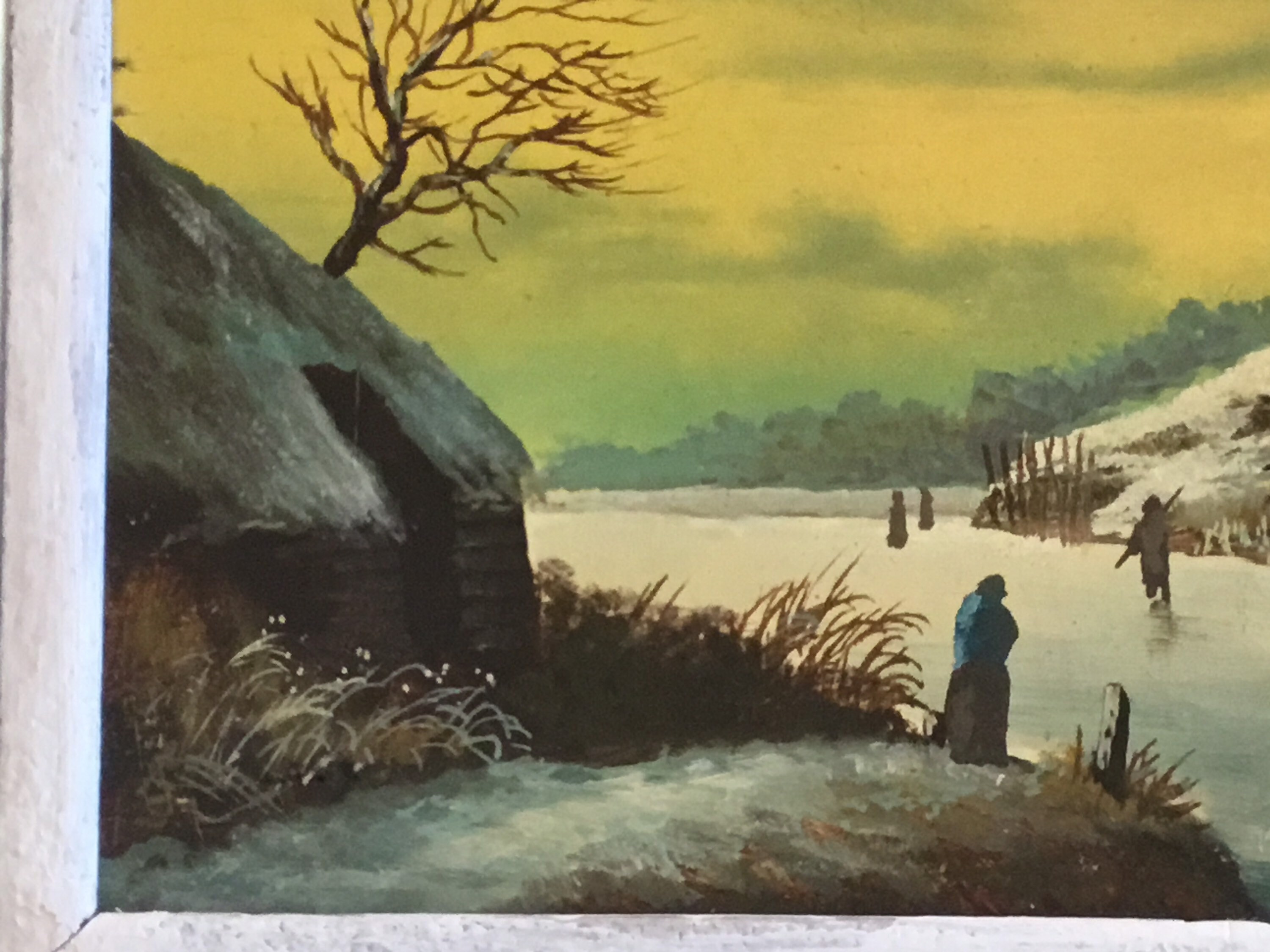 Antique Dutch Painting | 1800s Winter Landscape with Skaters, Oil on Wood Gold Leaf Frame — photo 6 of 11