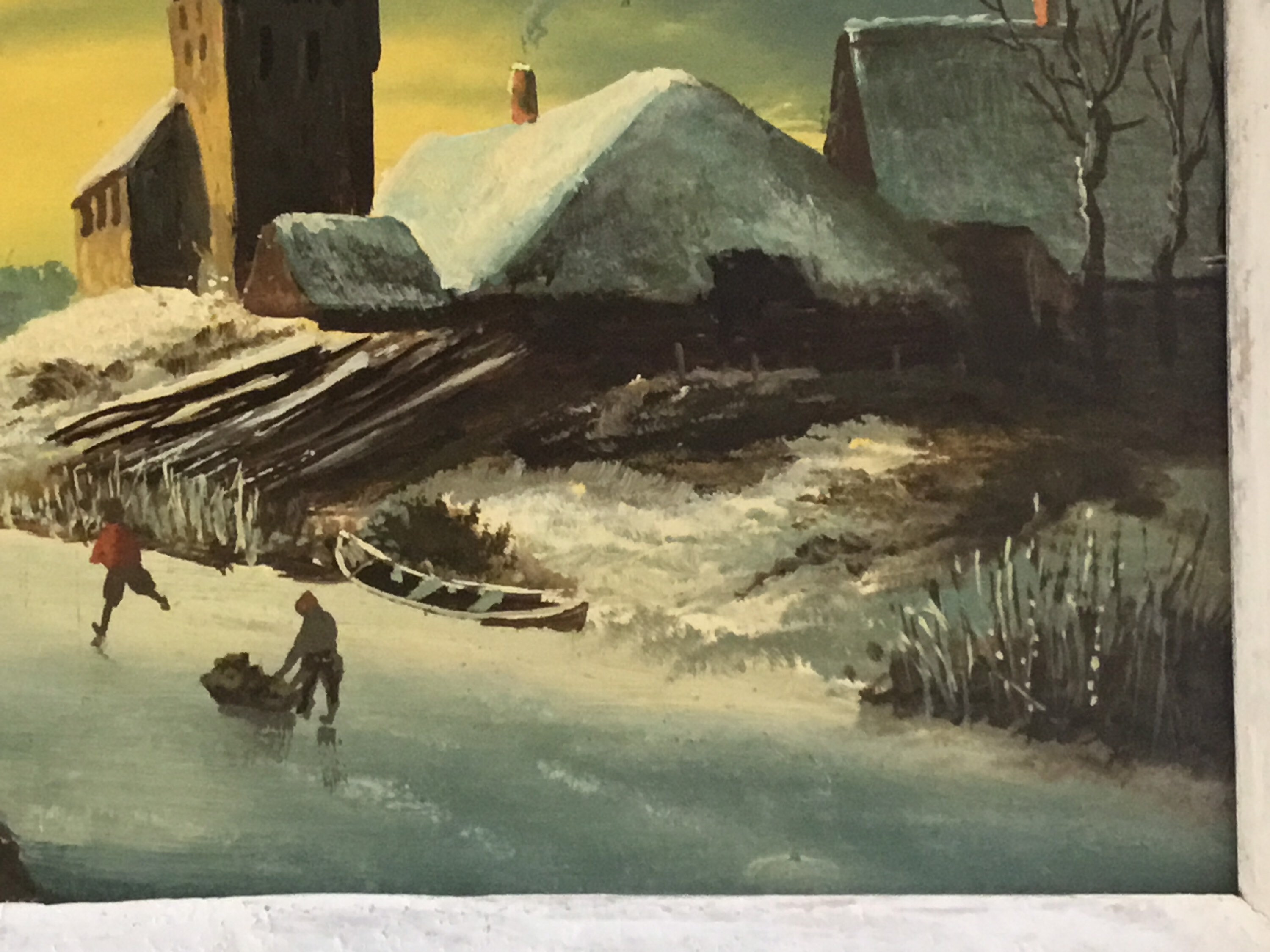 Antique Dutch Painting | 1800s Winter Landscape with Skaters, Oil on Wood Gold Leaf Frame — photo 8 of 11