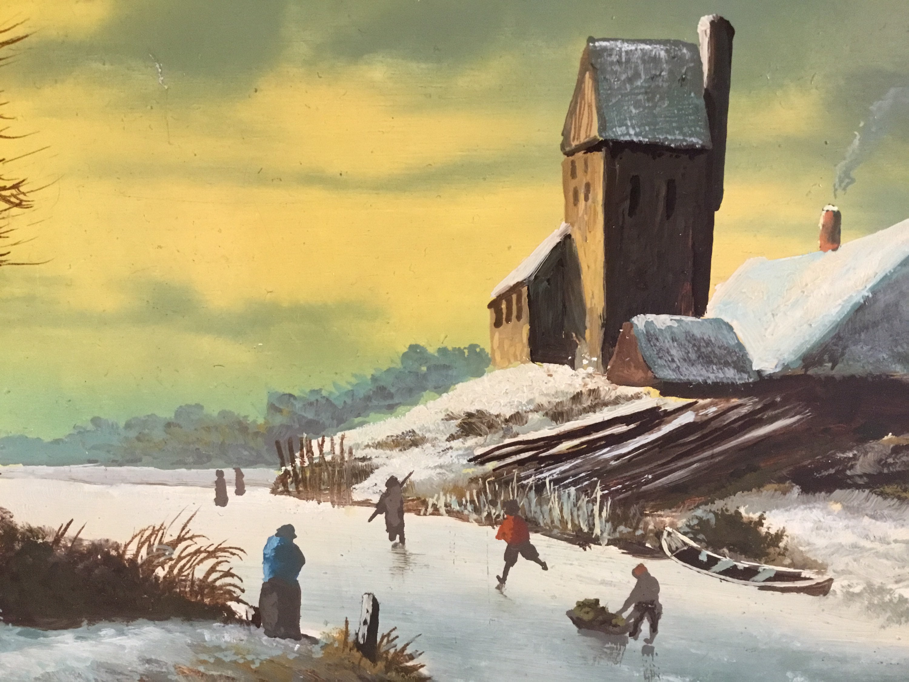 Antique Dutch Painting | 1800s Winter Landscape with Skaters, Oil on Wood Gold Leaf Frame — photo 9 of 11