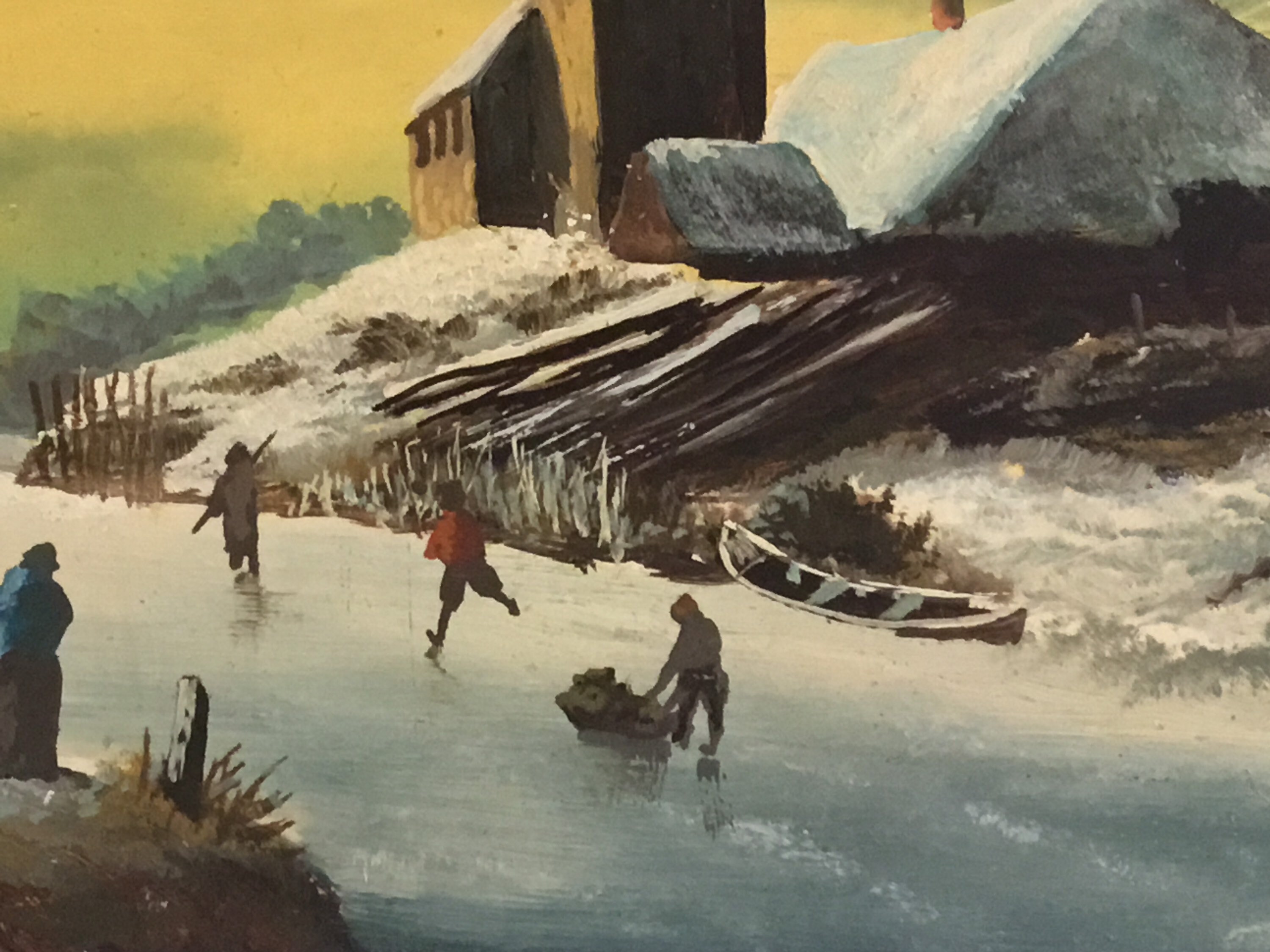 Antique Dutch Painting | 1800s Winter Landscape with Skaters, Oil on Wood Gold Leaf Frame — photo 10 of 11