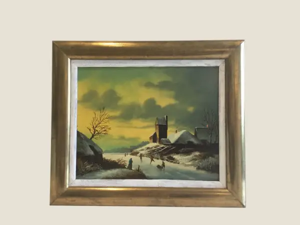 Antique Dutch Painting | 1800s Winter Landscape with Skaters, Oil on Wood Gold Leaf Frame