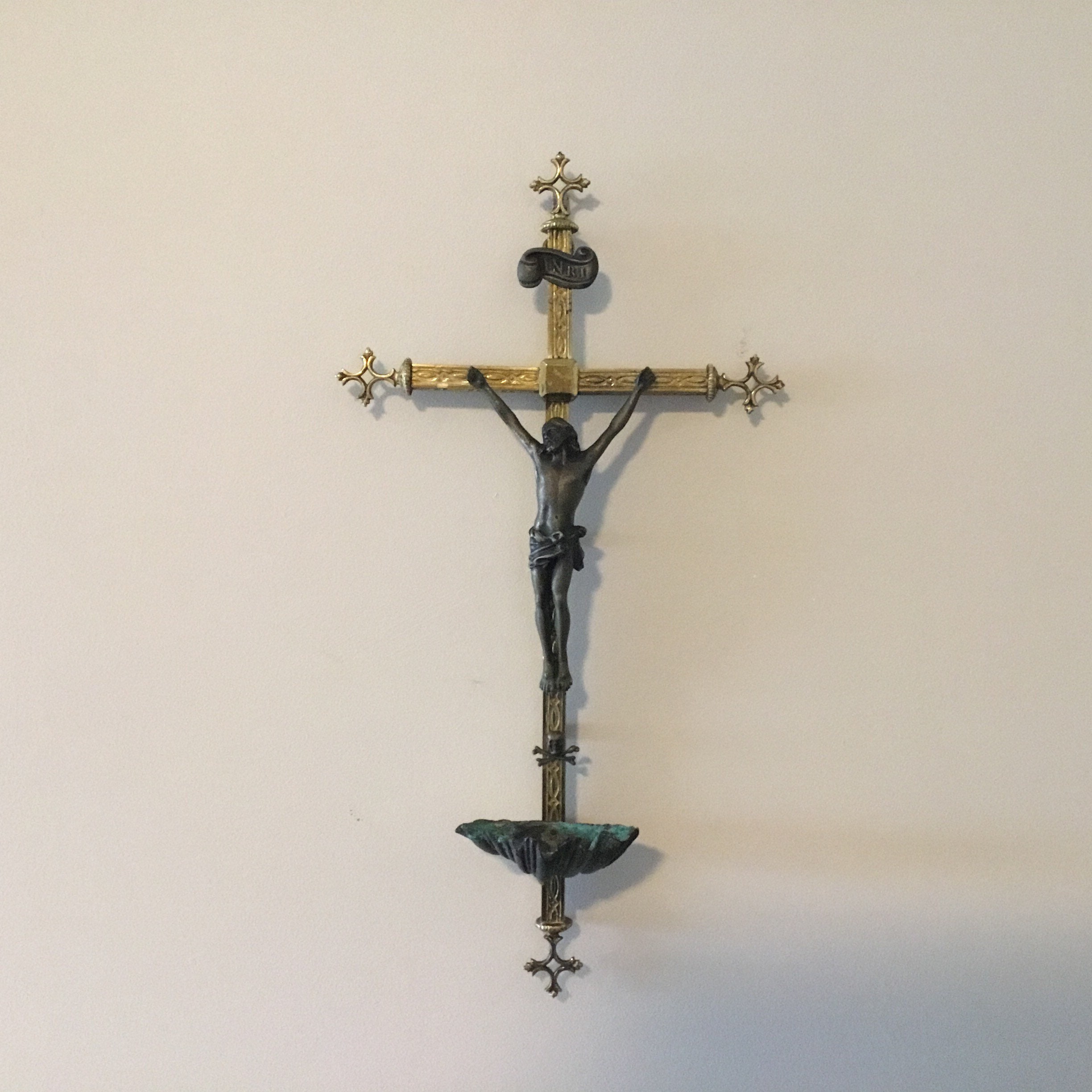 Antique Brass Crucifix (19th Century) French, Holy Water Font, Bronze Christ Figure — photo 2 of 11