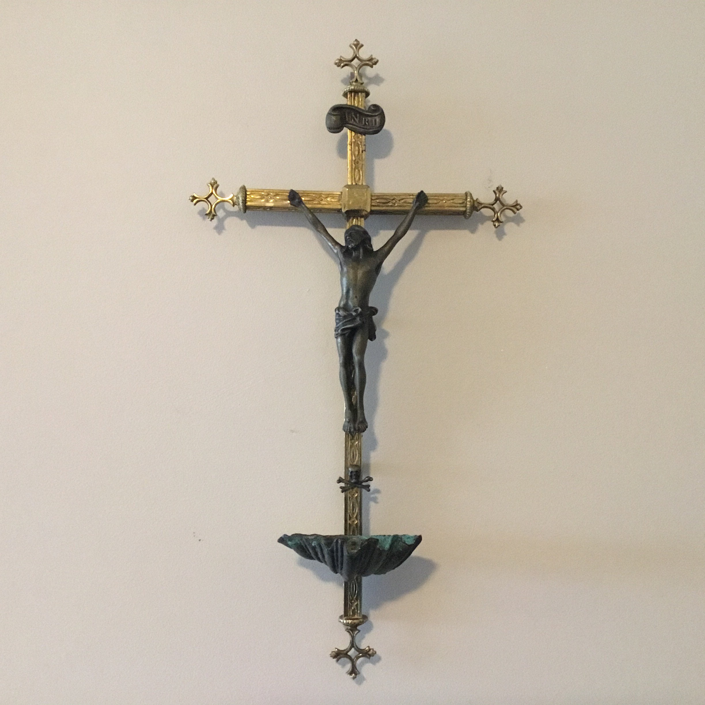 Antique Brass Crucifix (19th Century) French, Holy Water Font, Bronze Christ Figure — photo 3 of 11