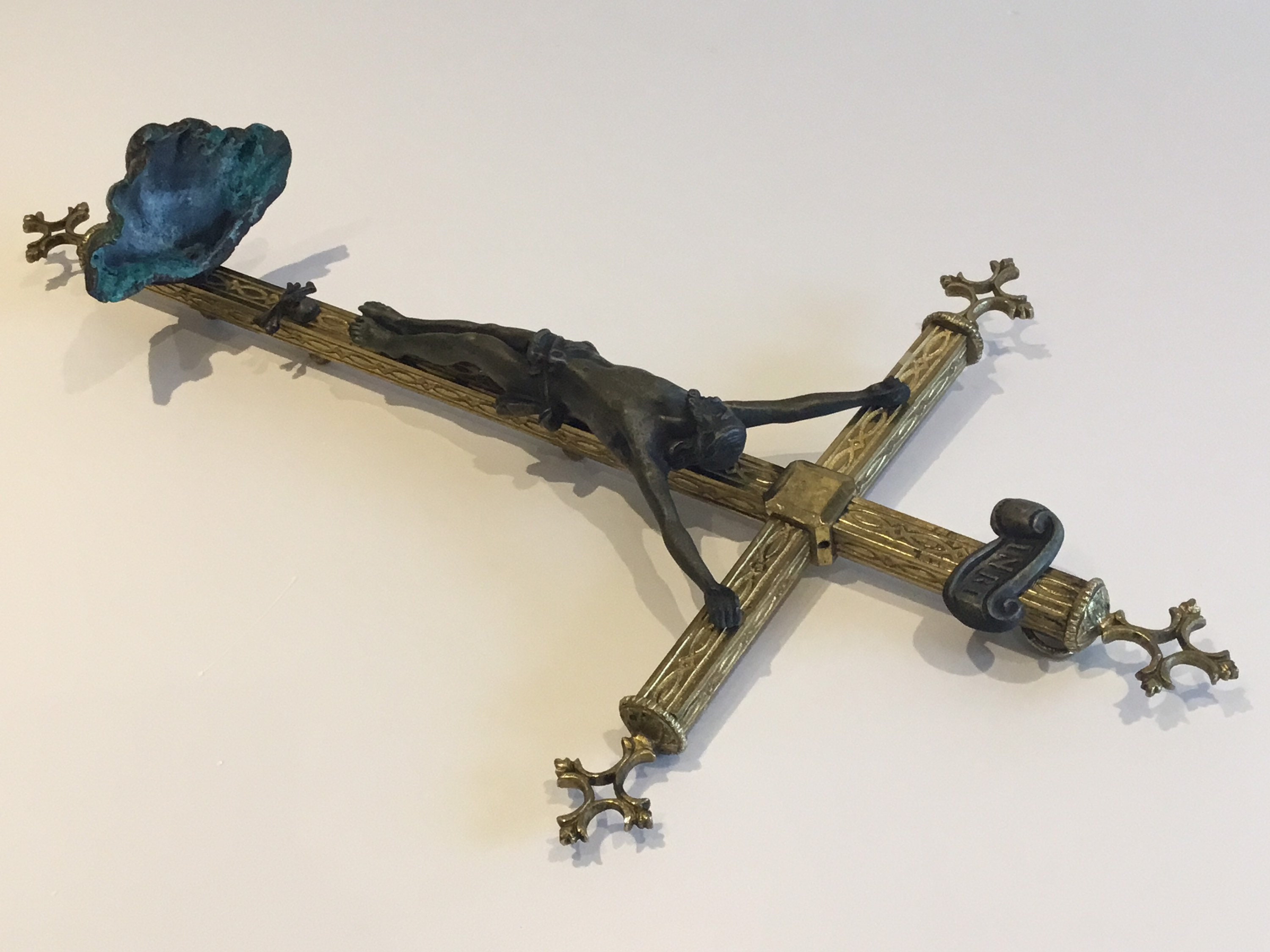 Antique Brass Crucifix (19th Century) French, Holy Water Font, Bronze Christ Figure — photo 4 of 11