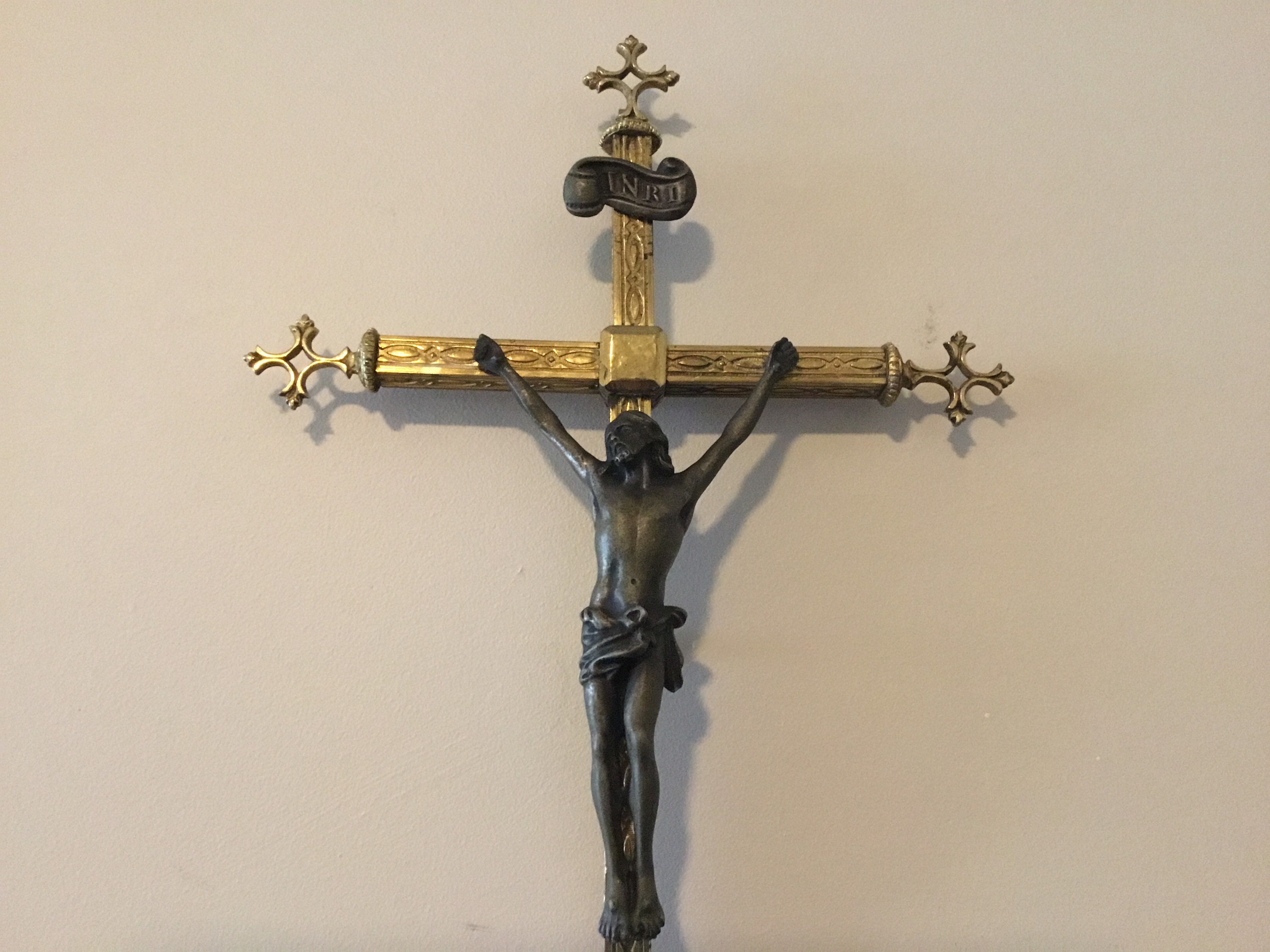 Antique Brass Crucifix (19th Century) French, Holy Water Font, Bronze Christ Figure — photo 5 of 11