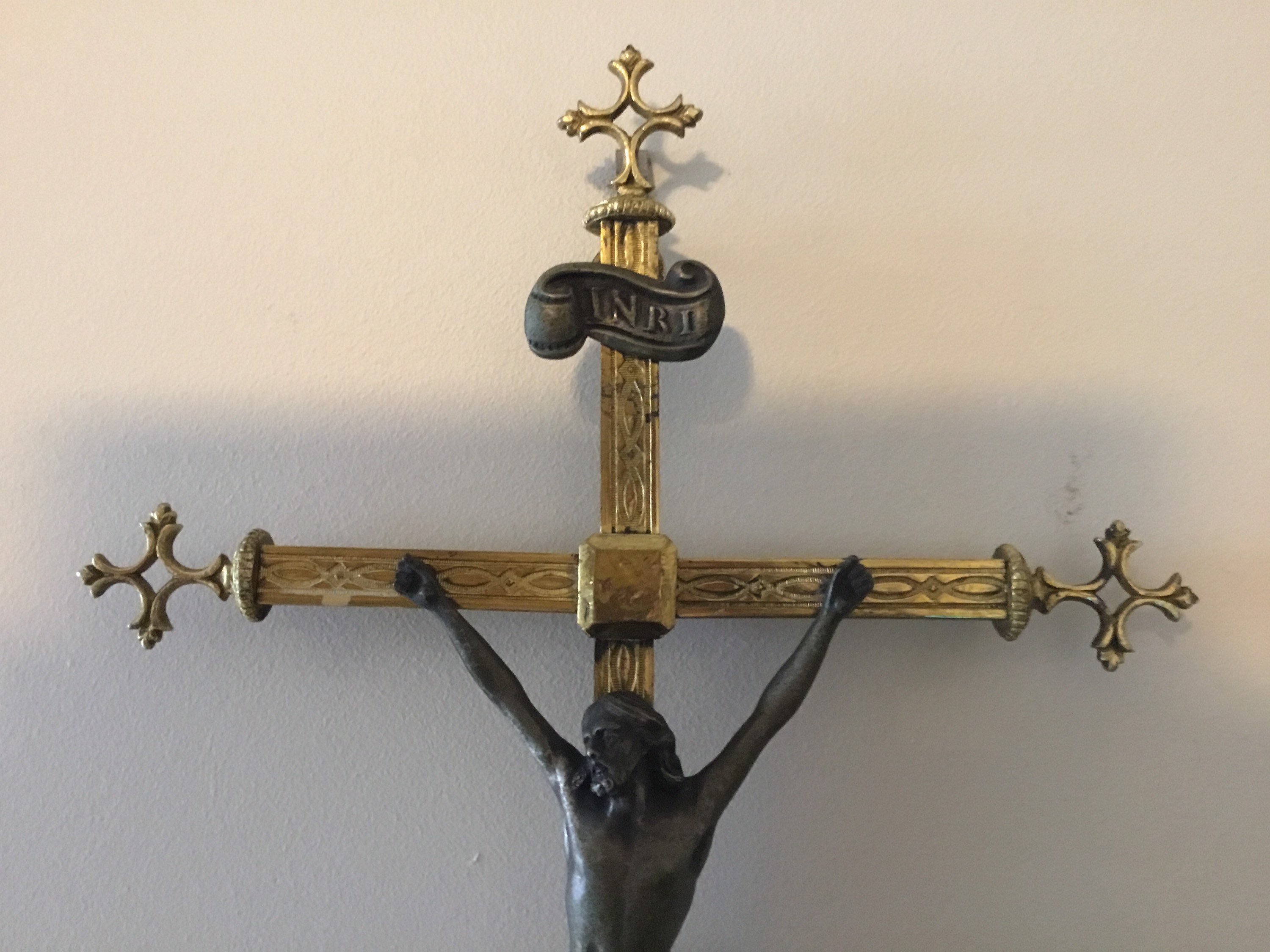 Antique Brass Crucifix (19th Century) French, Holy Water Font, Bronze Christ Figure — photo 6 of 11