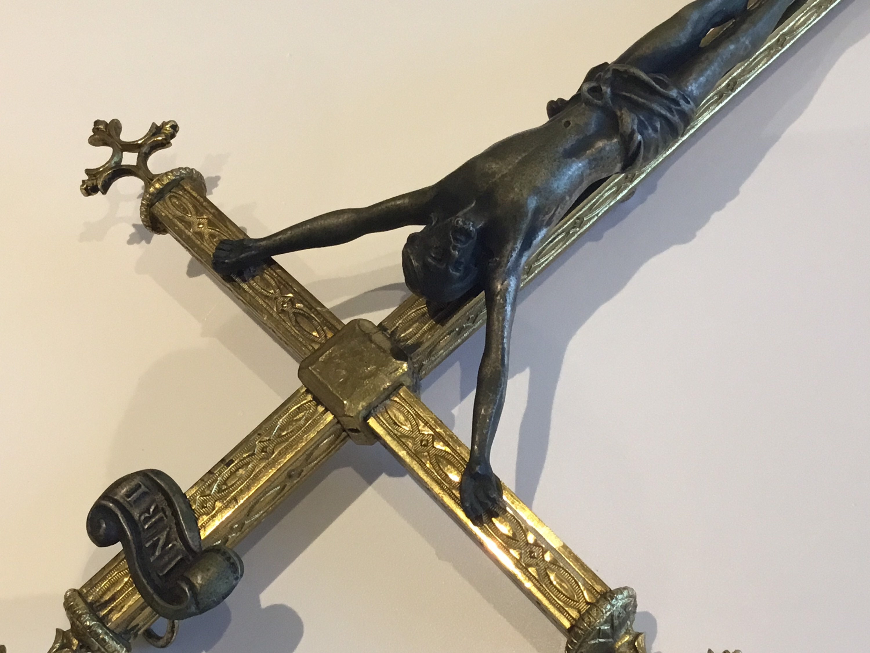 Antique Brass Crucifix (19th Century) French, Holy Water Font, Bronze Christ Figure — photo 7 of 11