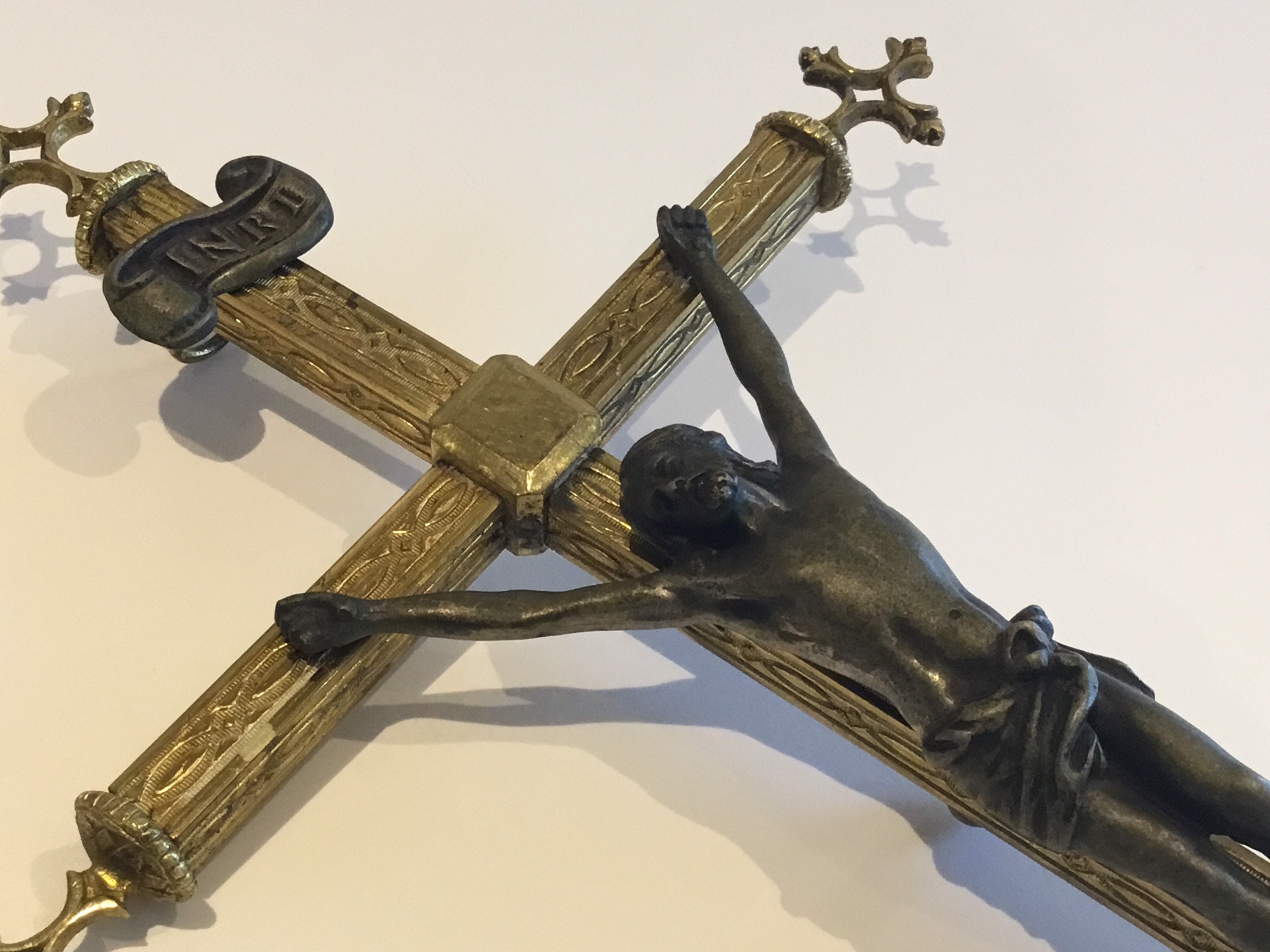 Antique Brass Crucifix (19th Century) French, Holy Water Font, Bronze Christ Figure — photo 8 of 11