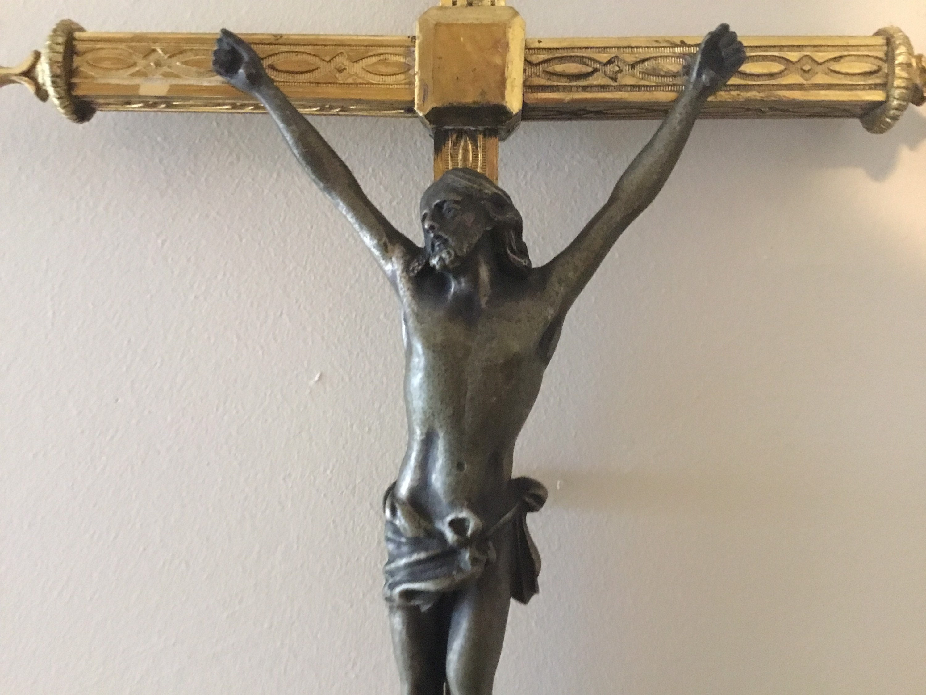Antique Brass Crucifix (19th Century) French, Holy Water Font, Bronze Christ Figure — photo 9 of 11