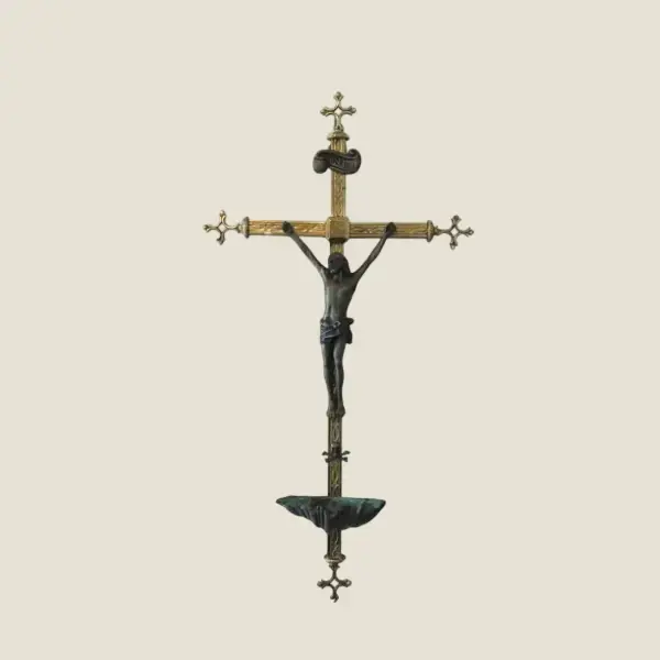 Antique Brass Crucifix (19th Century) French, Holy Water Font, Bronze Christ Figure
