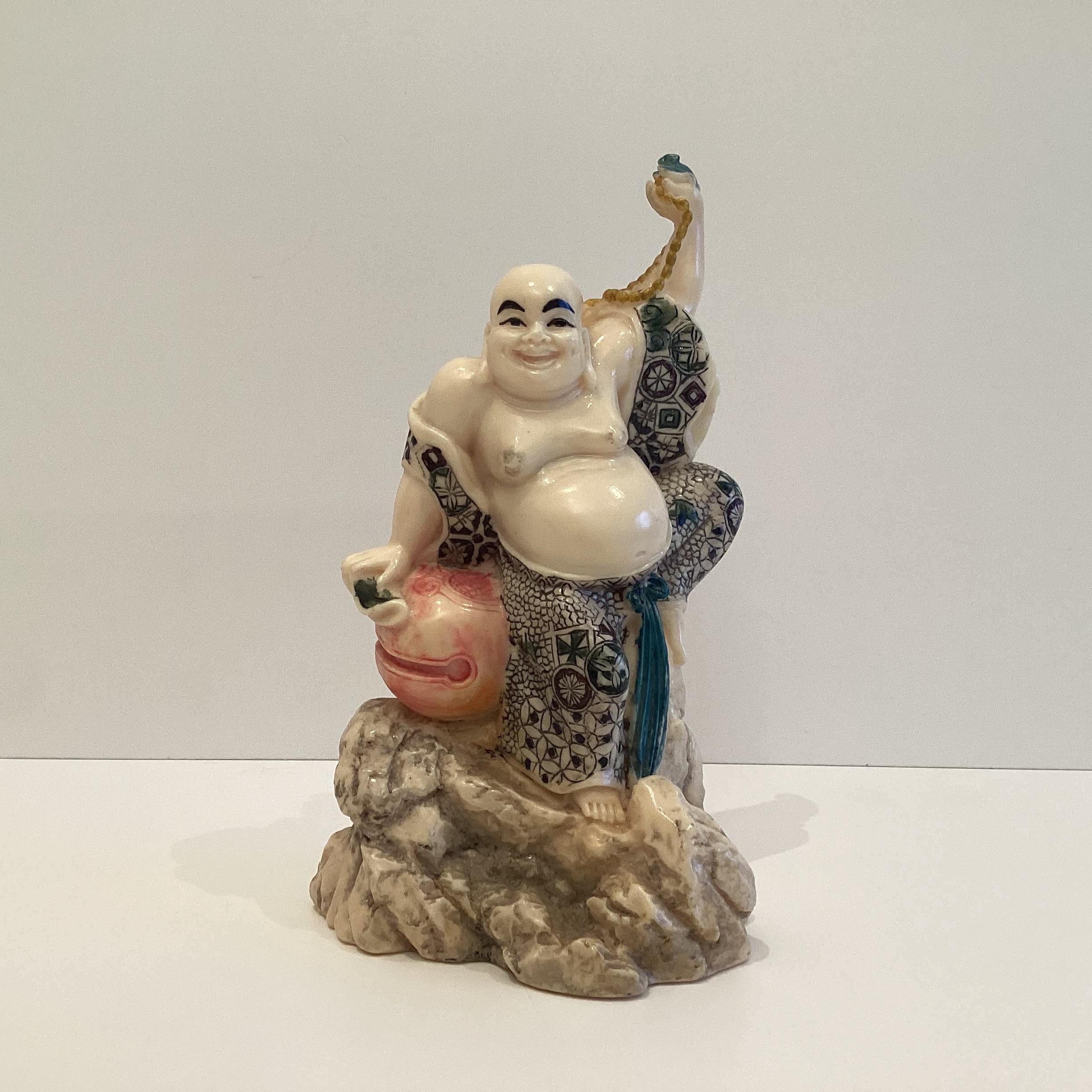 Vintage Buddha Statue | 1960s Chinese Ivory Solid Resin, Hand Painted Zen Figure — photo 2 of 10