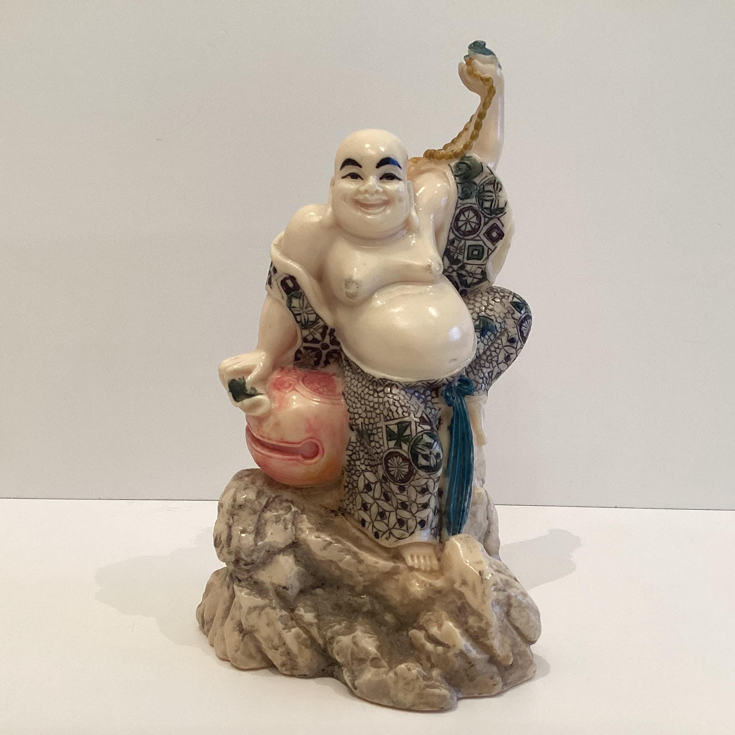 Vintage Buddha Statue | 1960s Chinese Ivory Solid Resin, Hand Painted Zen Figure — photo 3 of 10