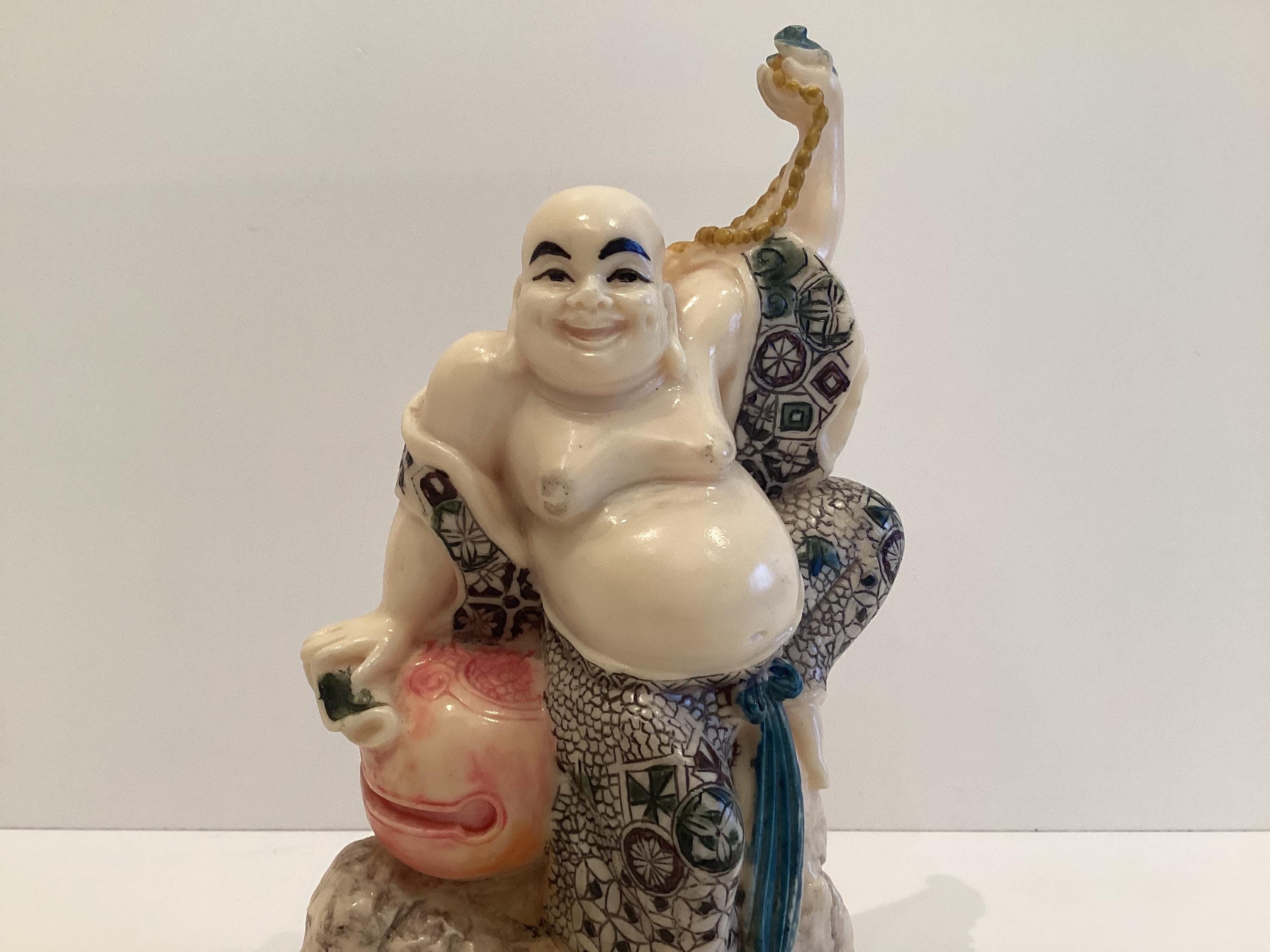 Vintage Buddha Statue | 1960s Chinese Ivory Solid Resin, Hand Painted Zen Figure — photo 4 of 10
