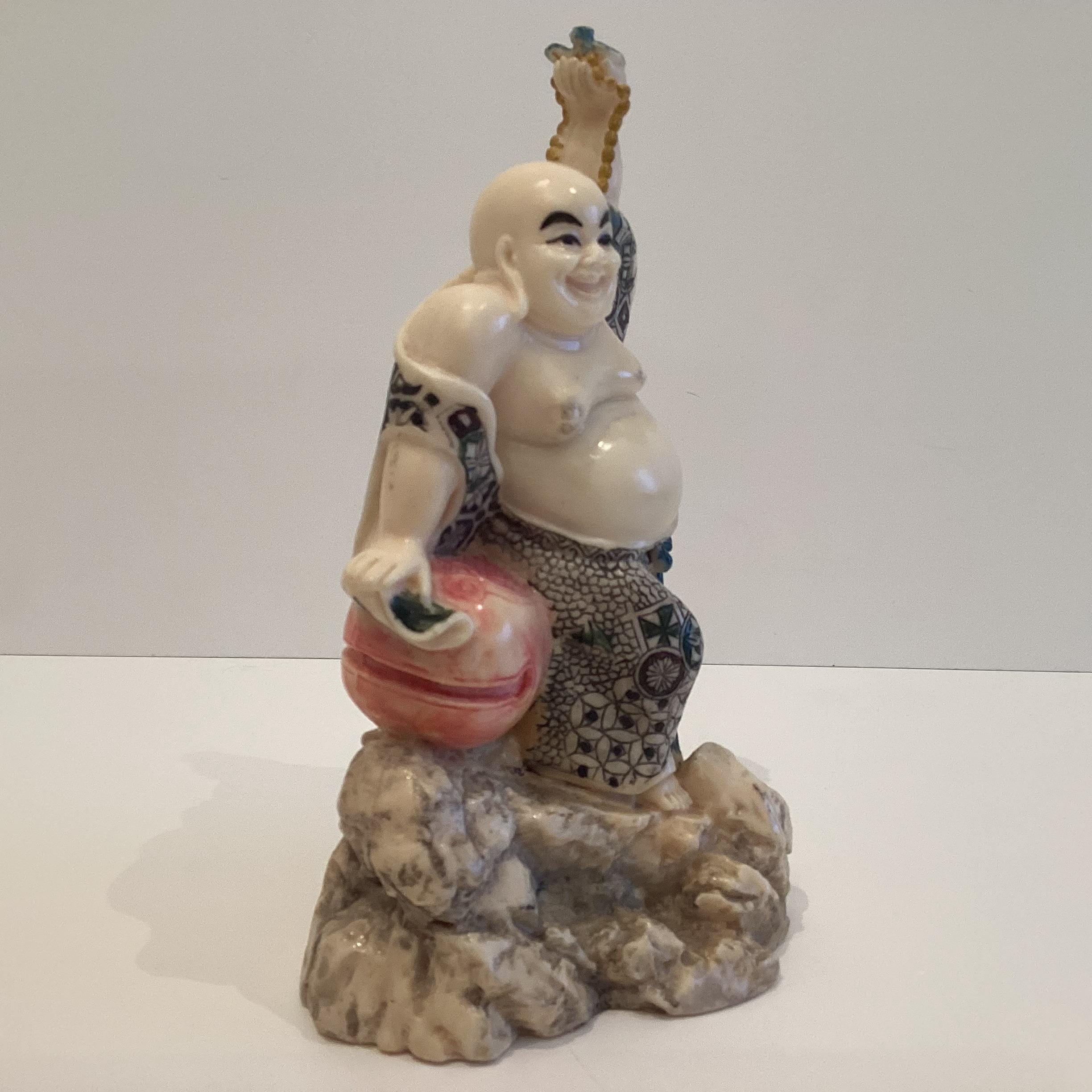 Vintage Buddha Statue | 1960s Chinese Ivory Solid Resin, Hand Painted Zen Figure — photo 5 of 10