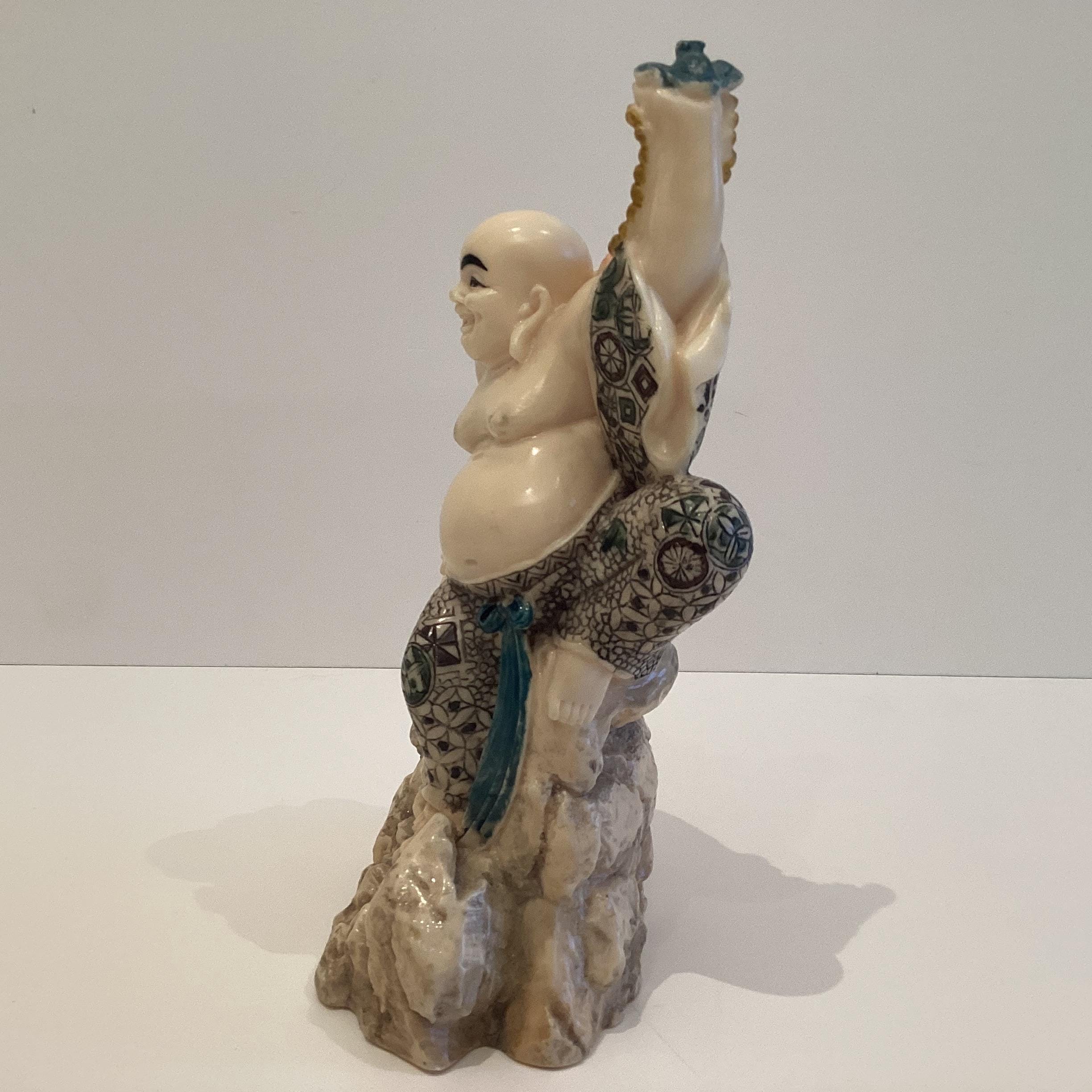 Vintage Buddha Statue | 1960s Chinese Ivory Solid Resin, Hand Painted Zen Figure — photo 7 of 10