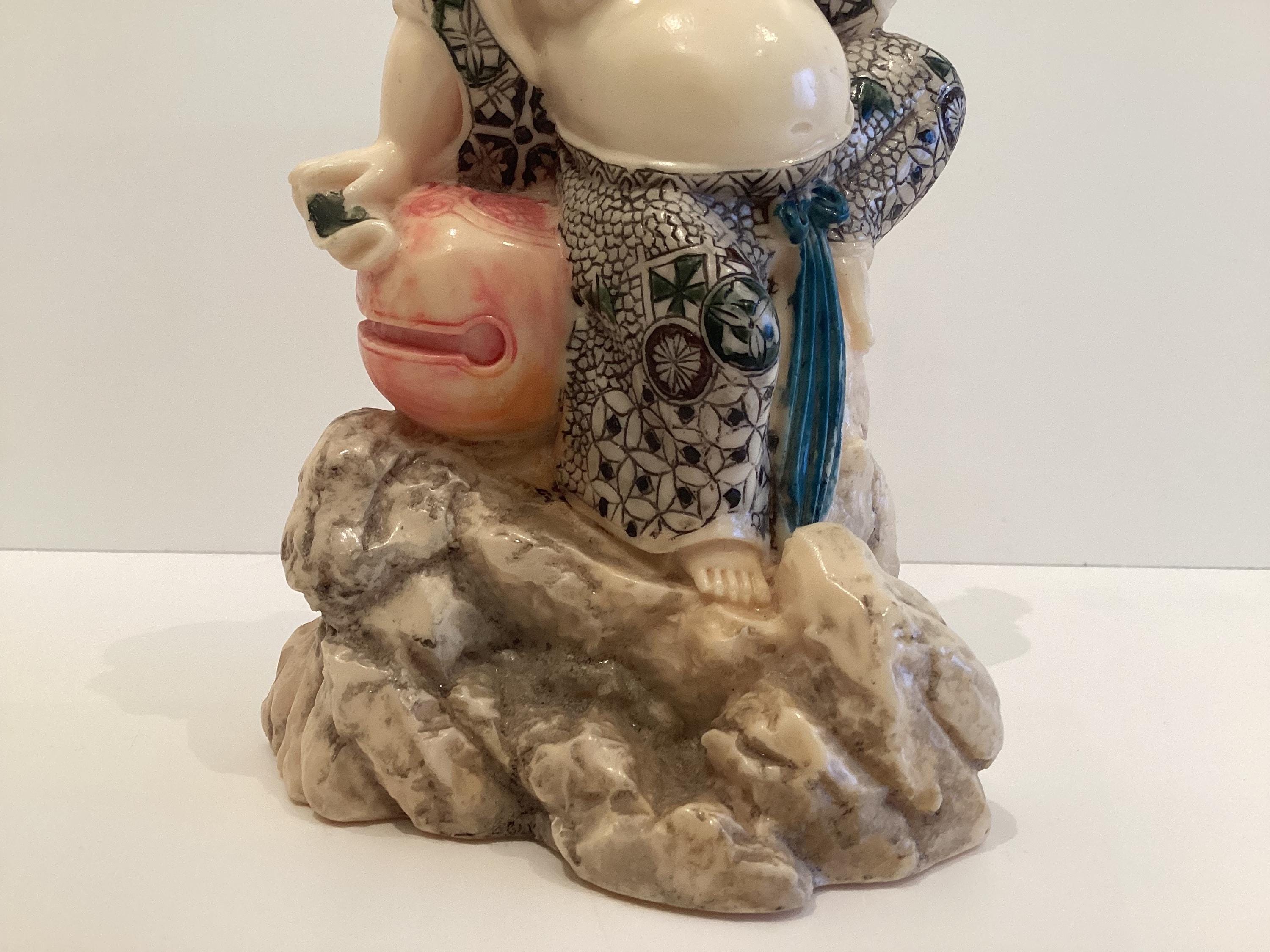 Vintage Buddha Statue | 1960s Chinese Ivory Solid Resin, Hand Painted Zen Figure — photo 9 of 10