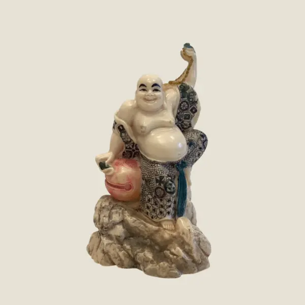 Vintage Buddha Statue | 1960s Chinese Ivory Solid Resin, Hand Painted Zen Figure