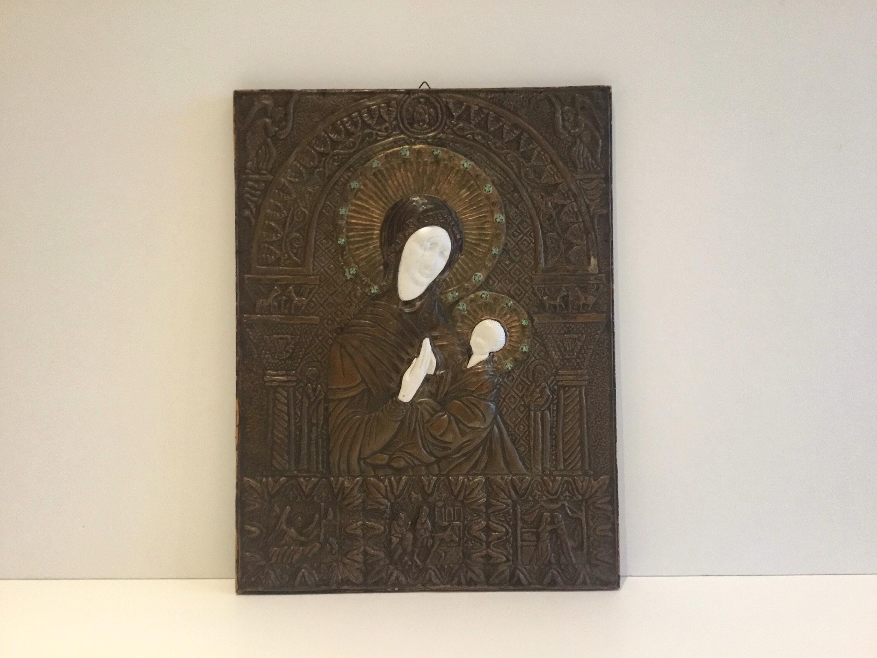 Antique Icon | 1900s Saint Mary and Child, Copper Bas-Relief Enamel & Crystal Rare — photo 2 of 7
