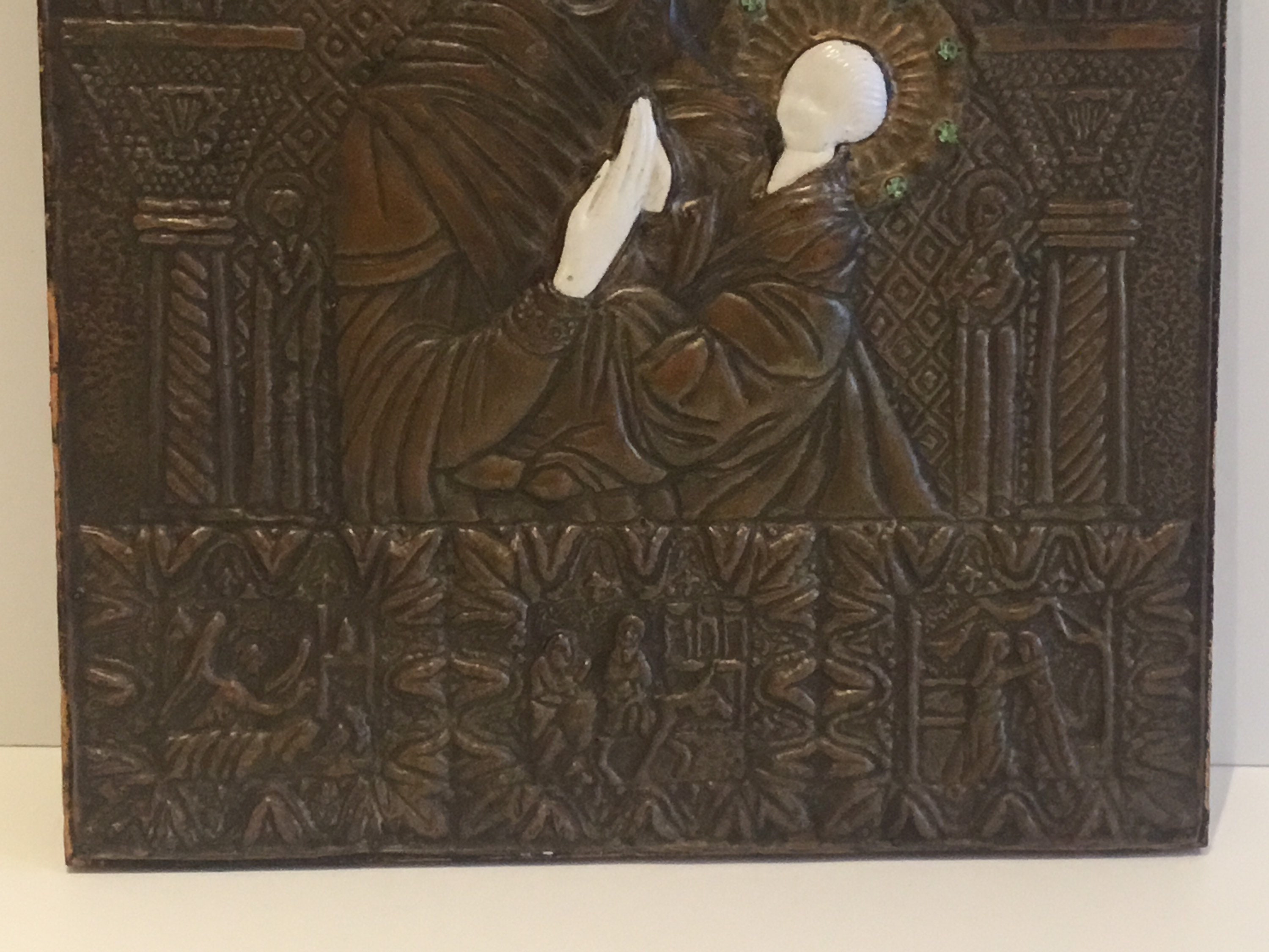 Antique Icon | 1900s Saint Mary and Child, Copper Bas-Relief Enamel & Crystal Rare — photo 6 of 7