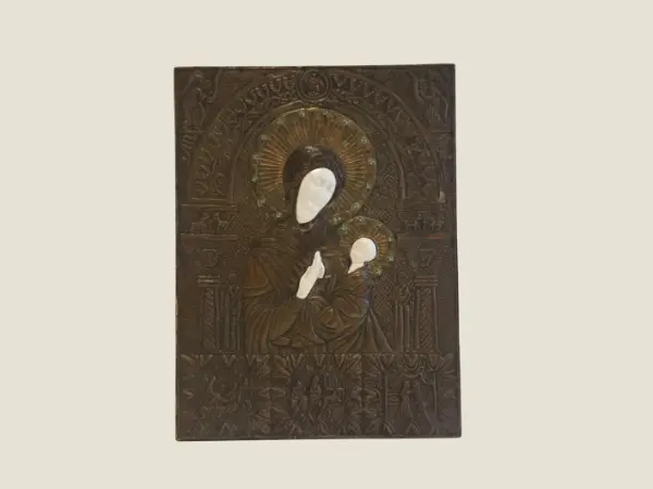 Antique Icon | 1900s Saint Mary and Child, Copper Bas-Relief Enamel & Crystal Rare