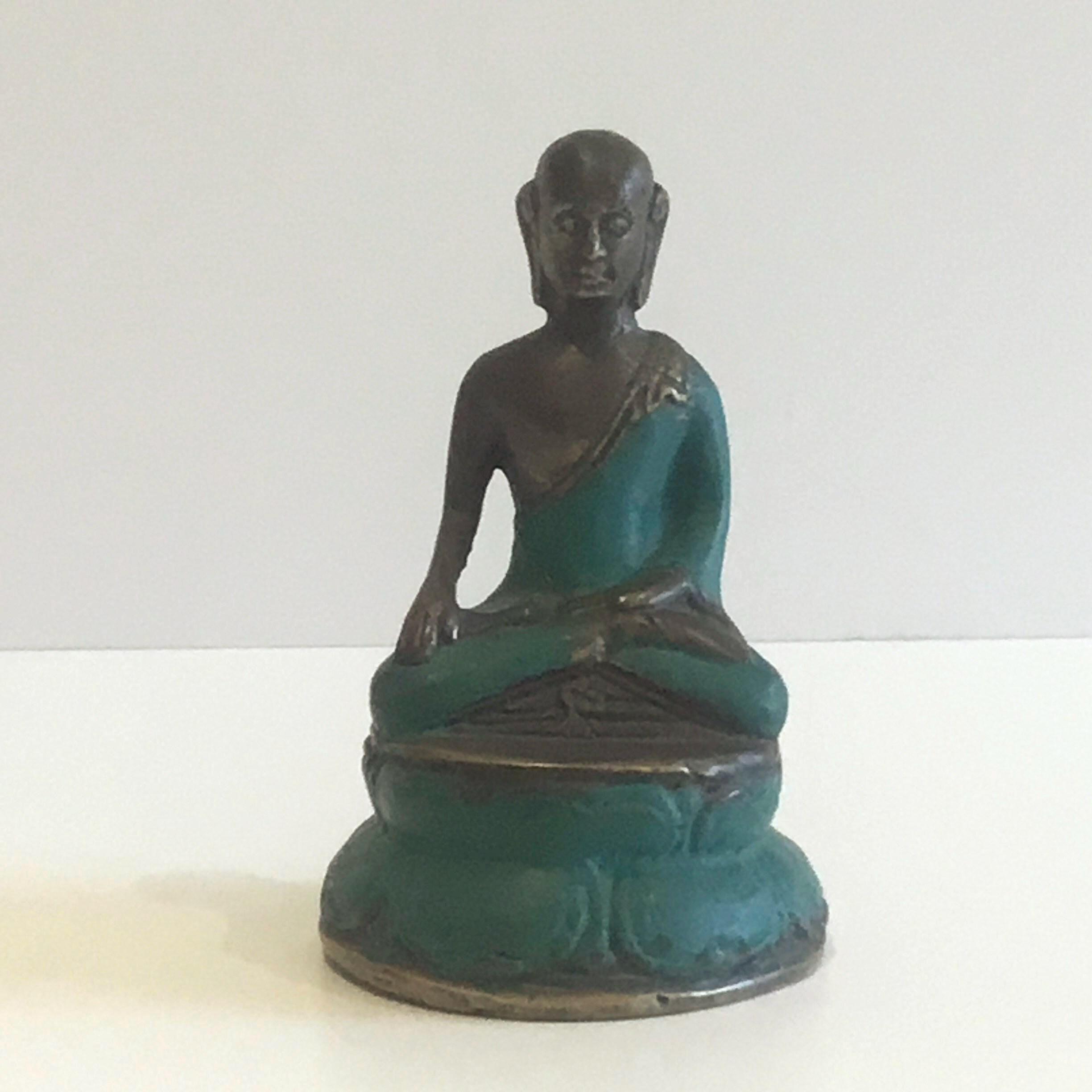 Antique Bronze Buddha | 1900s Indian Statue, Green Enamel & Original Patina — photo 2 of 7