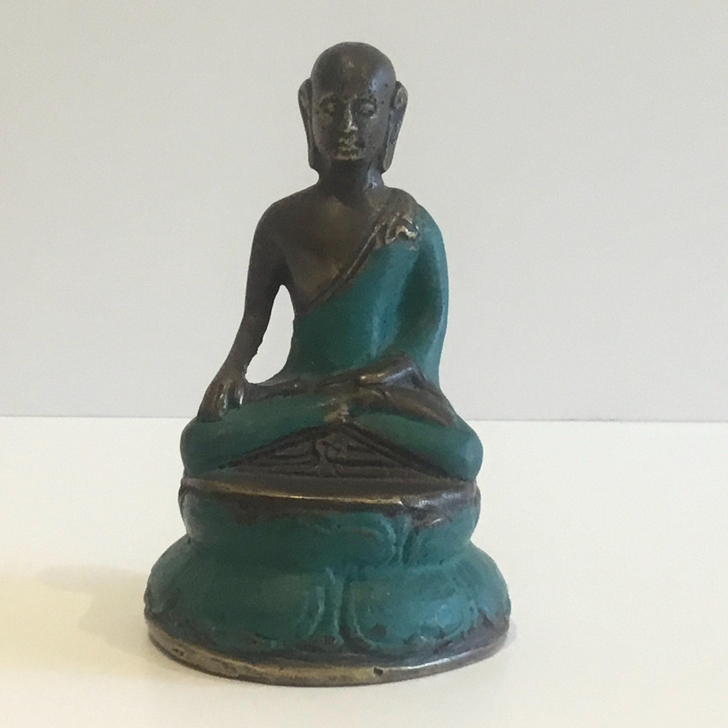 Antique Bronze Buddha | 1900s Indian Statue, Green Enamel & Original Patina — photo 3 of 7