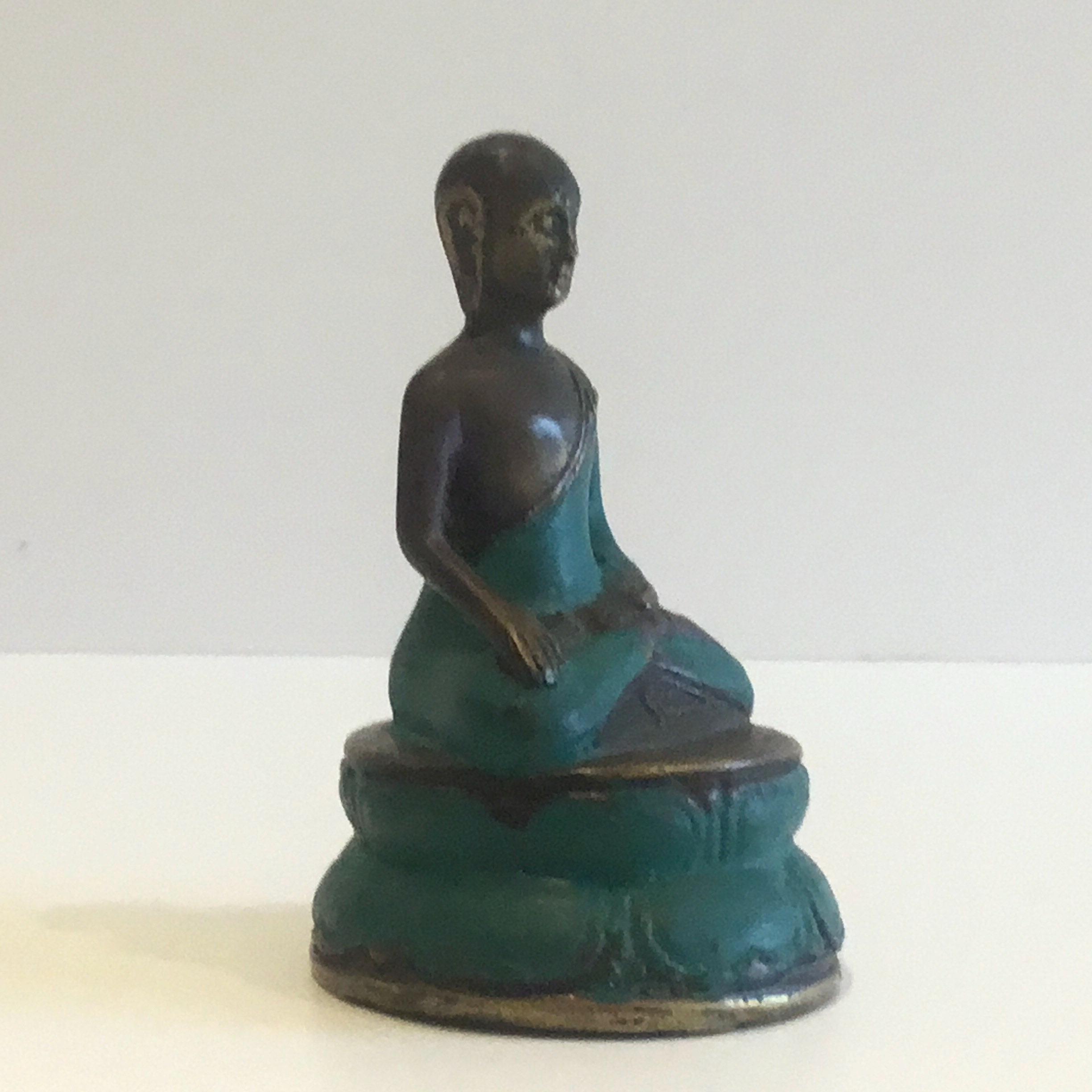 Antique Bronze Buddha | 1900s Indian Statue, Green Enamel & Original Patina — photo 4 of 7