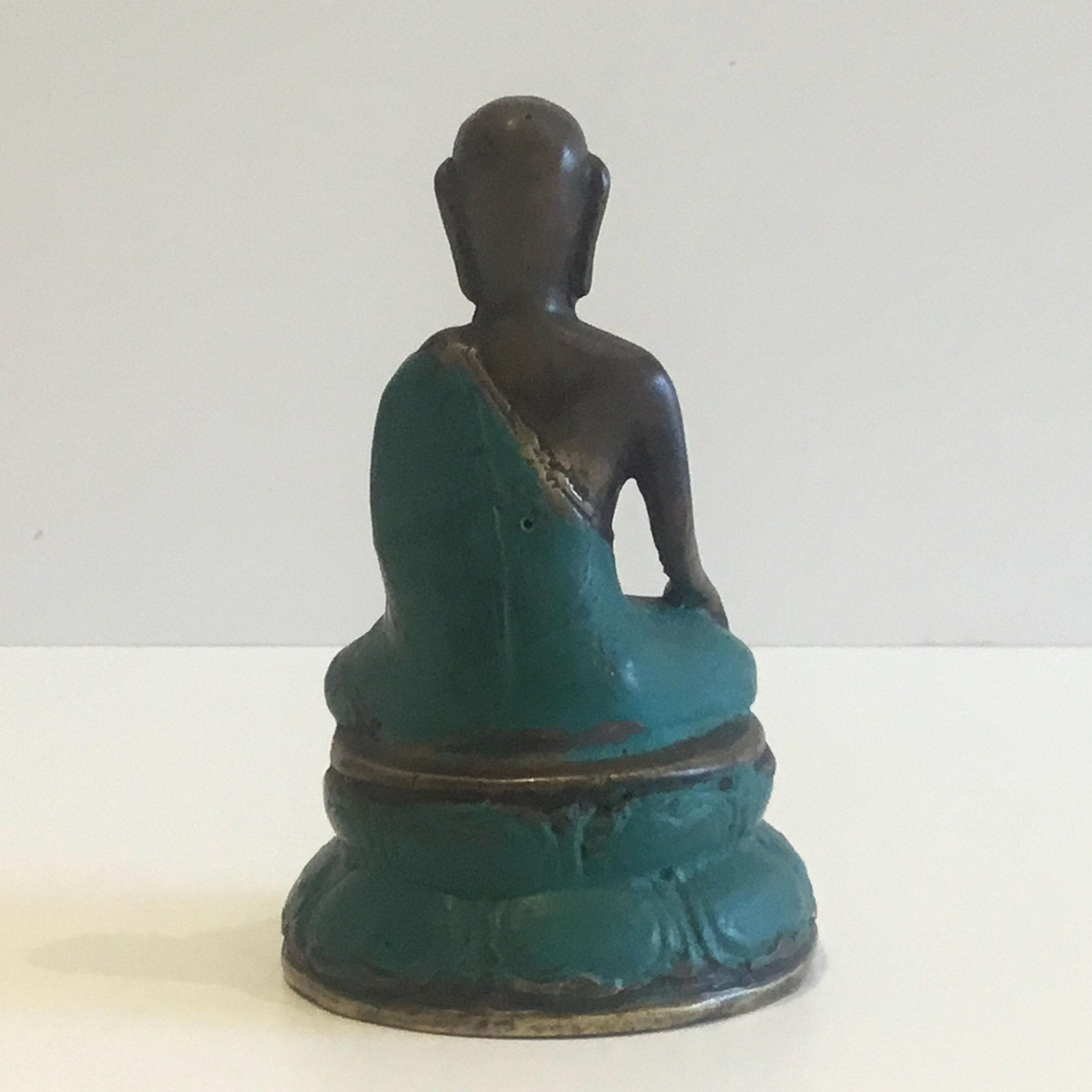 Antique Bronze Buddha | 1900s Indian Statue, Green Enamel & Original Patina — photo 5 of 7