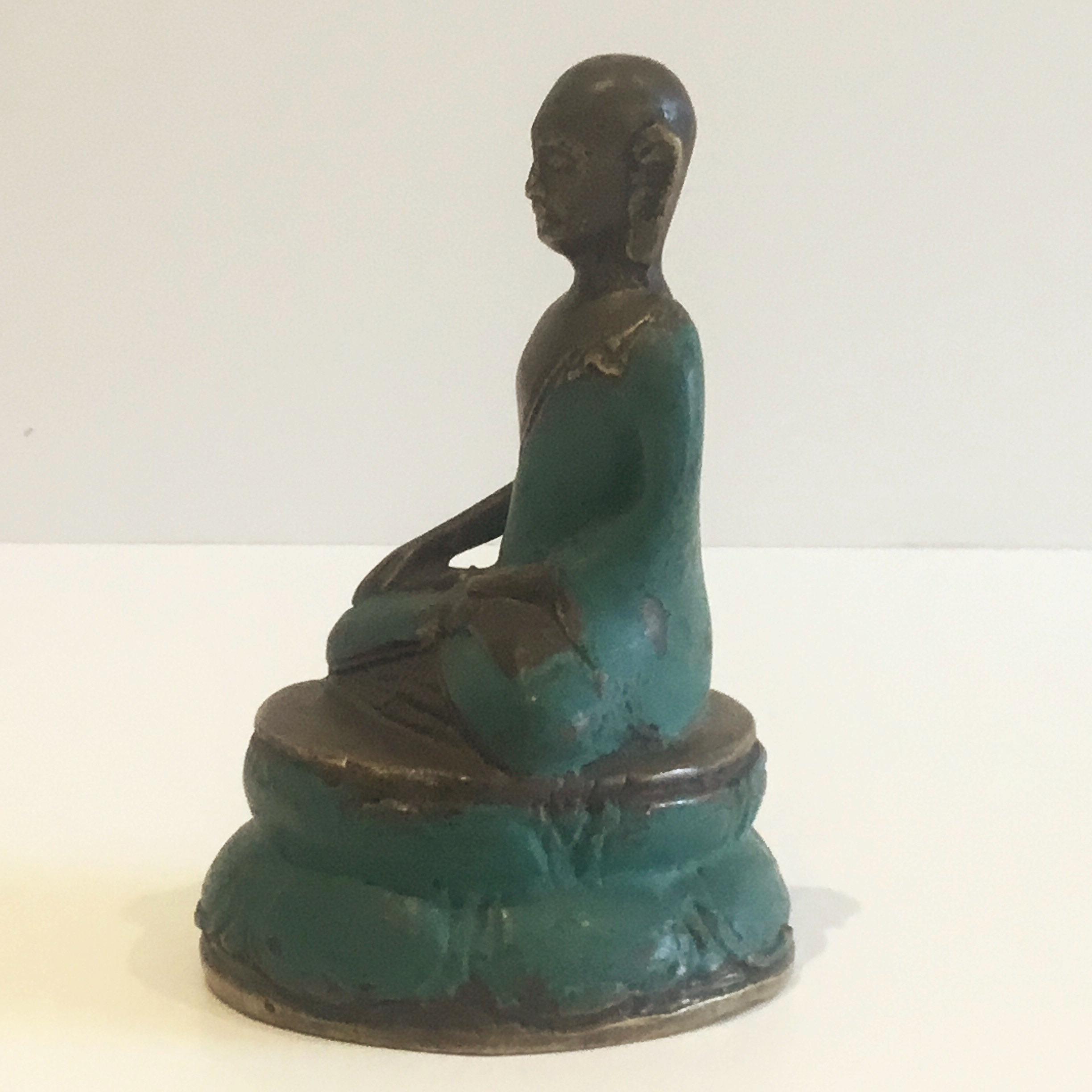 Antique Bronze Buddha | 1900s Indian Statue, Green Enamel & Original Patina — photo 6 of 7